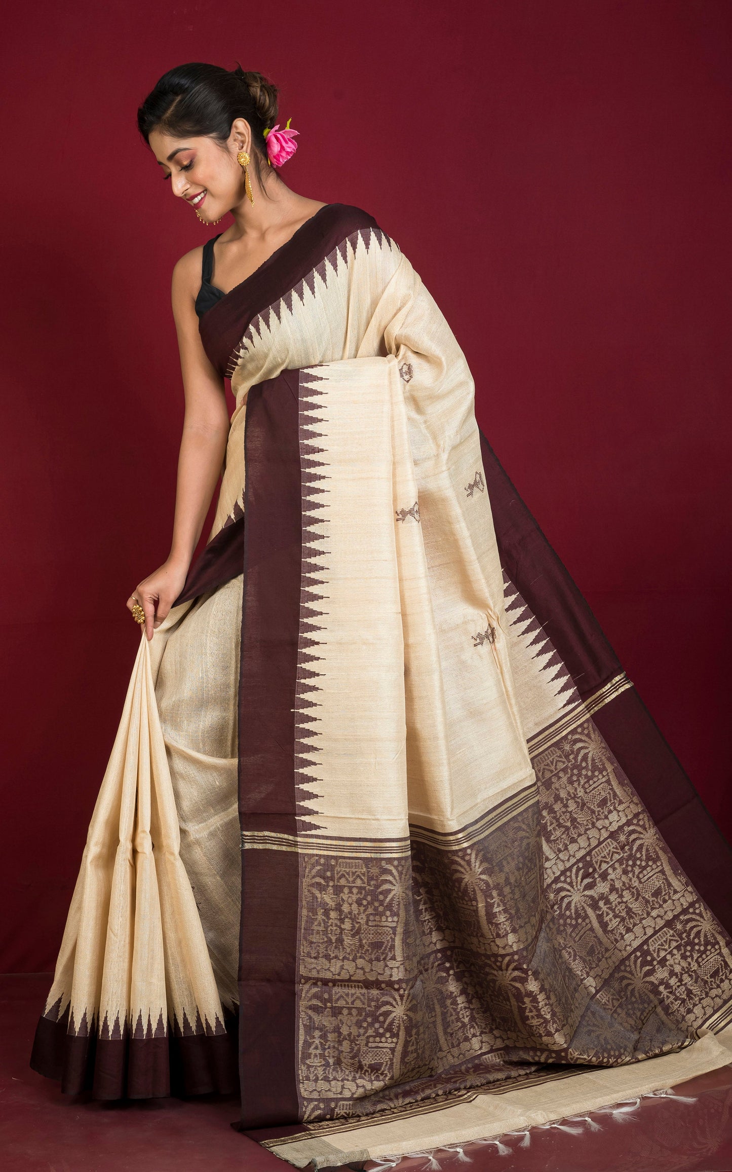 Dolabedi Warli Work Tussar Silk Saree in Parmesan, Mahogany Brown and Muted Gold Zari Work