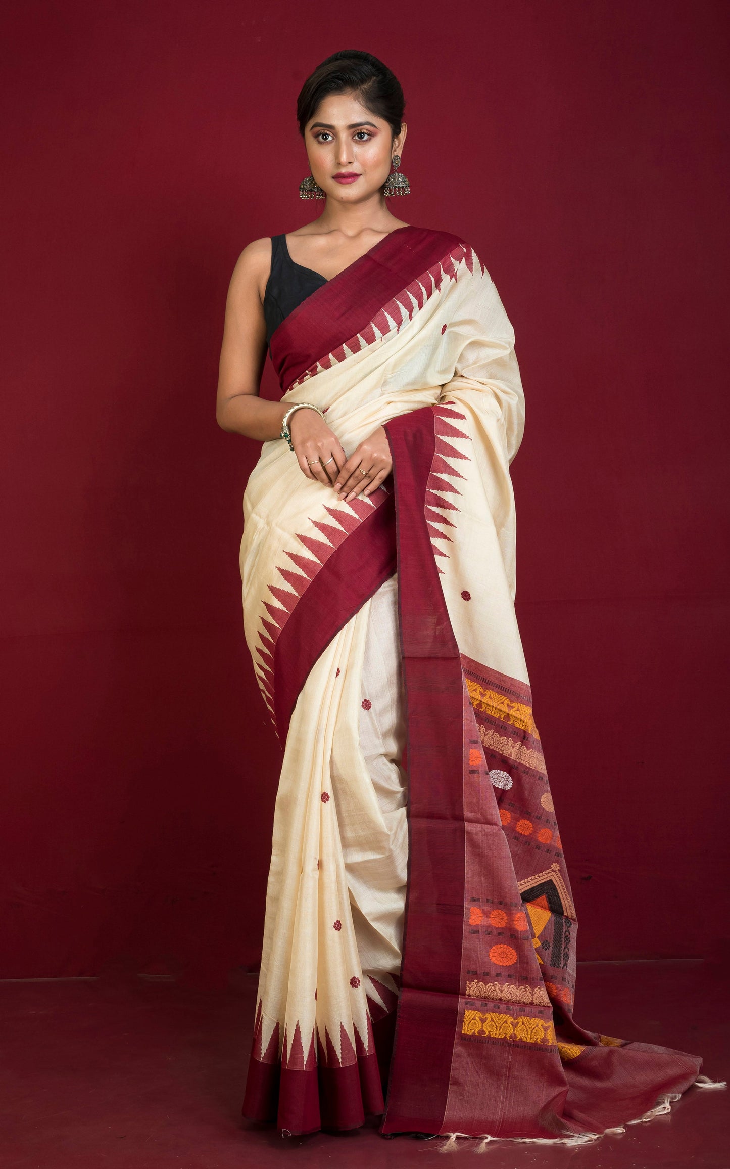 Dolabedi Work Tussar Silk Saree in Butter Cream, Dark Maroon and Multicolored Thread Work