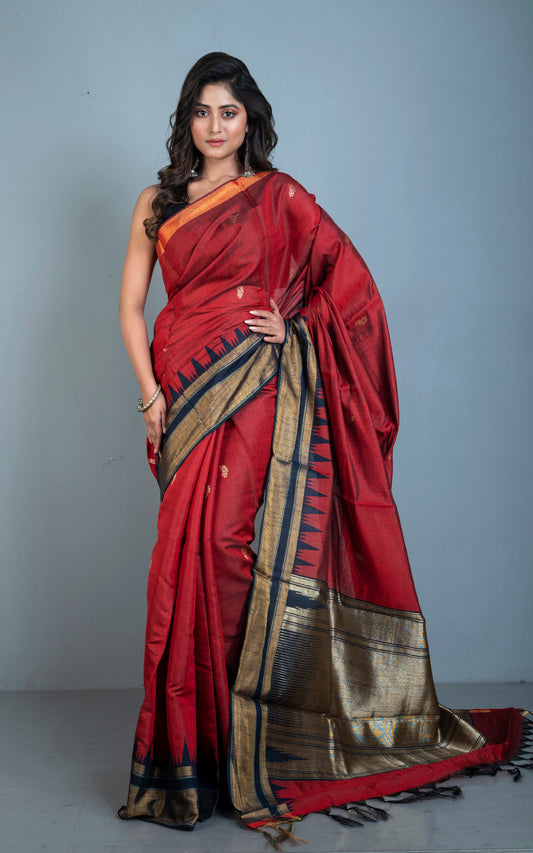 Handwoven Crowned Temple Border Tussar Raw Silk Saree in Falu Red and Black with Rich Pallu