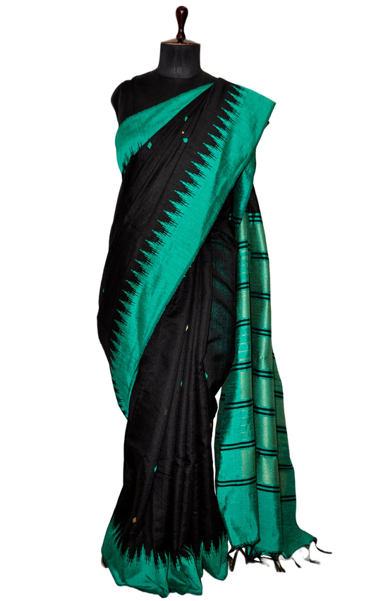 Handwoven Tussar Raw Silk Saree in Black and Persian Green with Rich Pallu