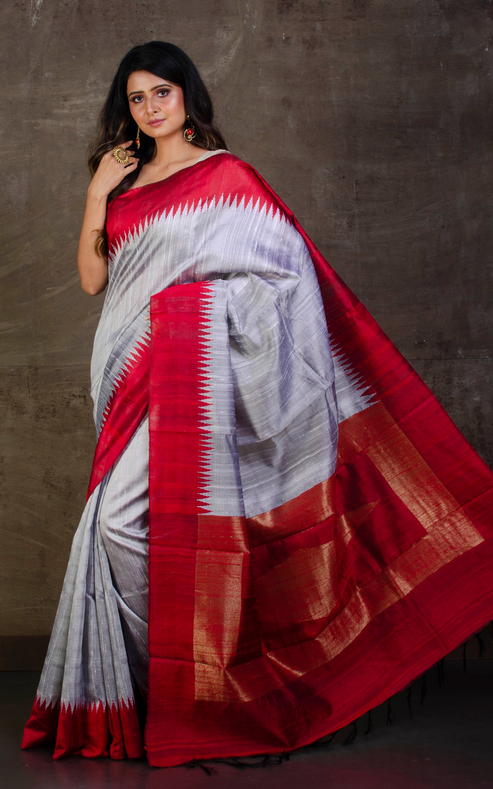 Handwoven Tussar Raw Silk Saree in Cloud Grey and Maroon with Rich Pallu