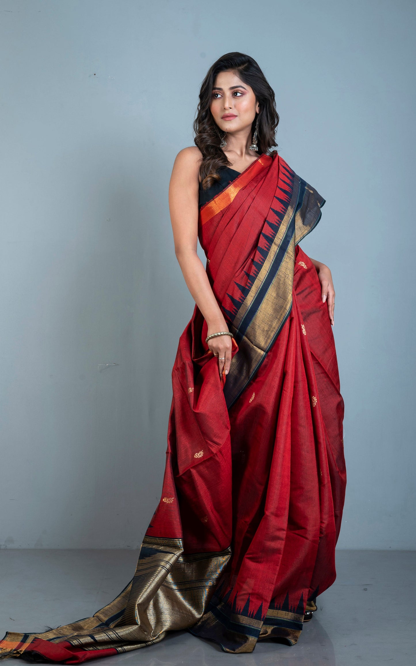 Handwoven Crowned Temple Border Tussar Raw Silk Saree in Falu Red and Black with Rich Pallu