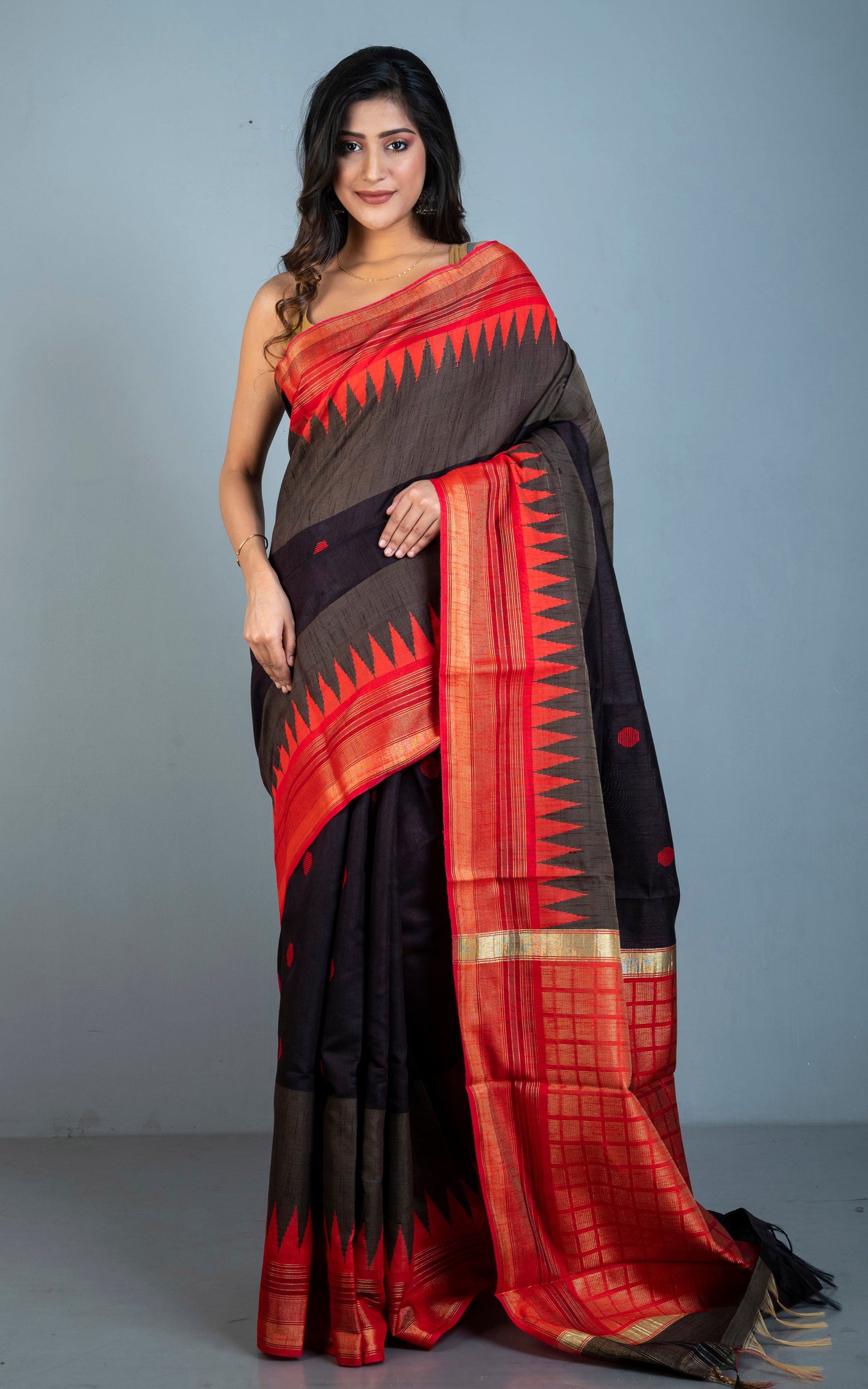 Dual Tone Dupion Raw Silk Saree in Black, Charcoal and Red with Rich Pallu