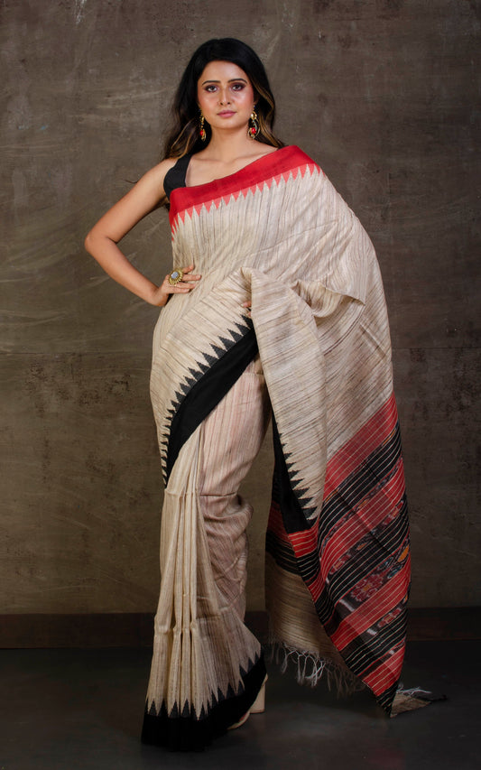 Handwoven Ganga Jamuna Border Tussar Silk Saree in Beige, Black and Red