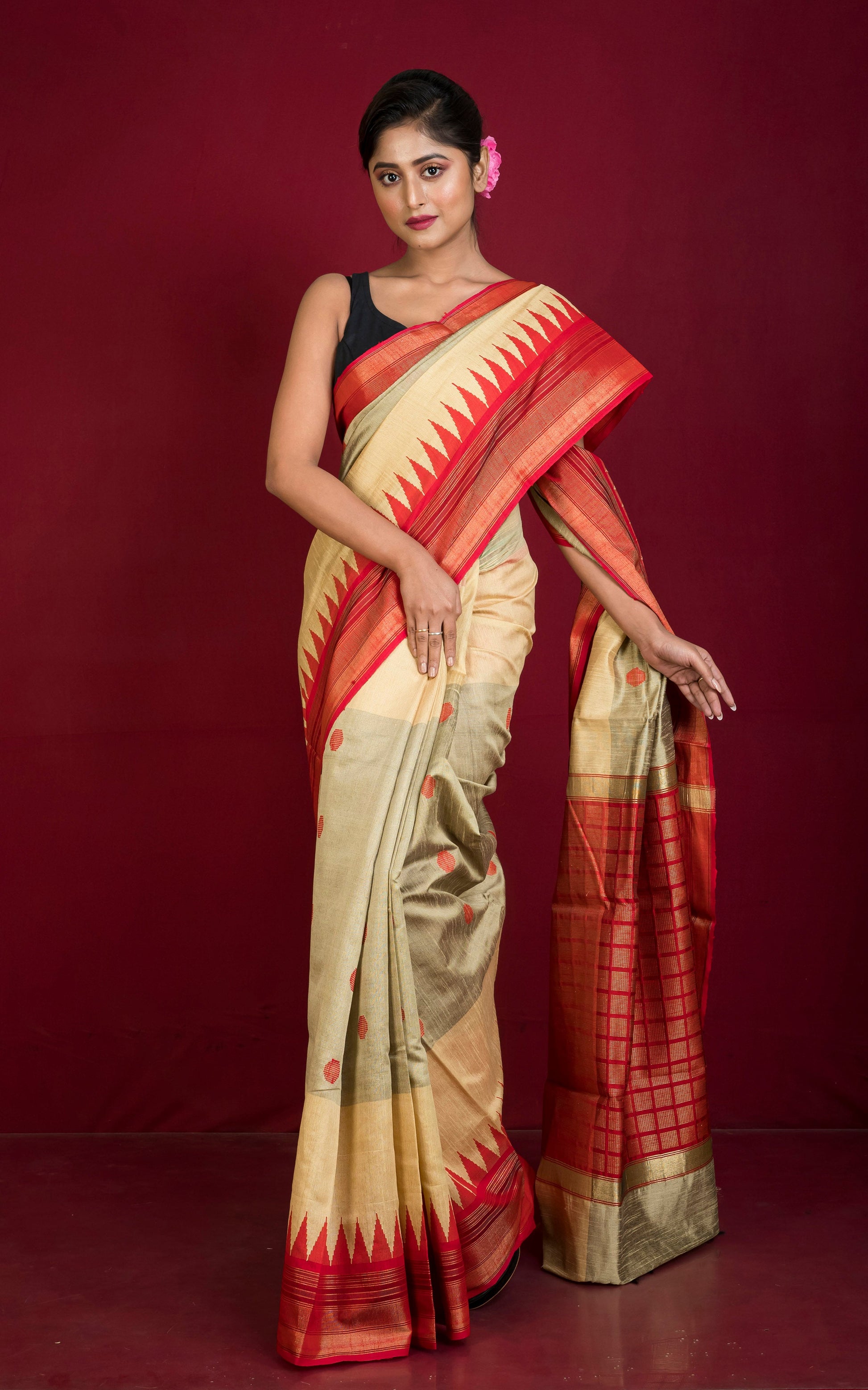 Dual Tone Dupion Raw Silk Saree in Boutique Beige, Greige and Red with Rich Pallu