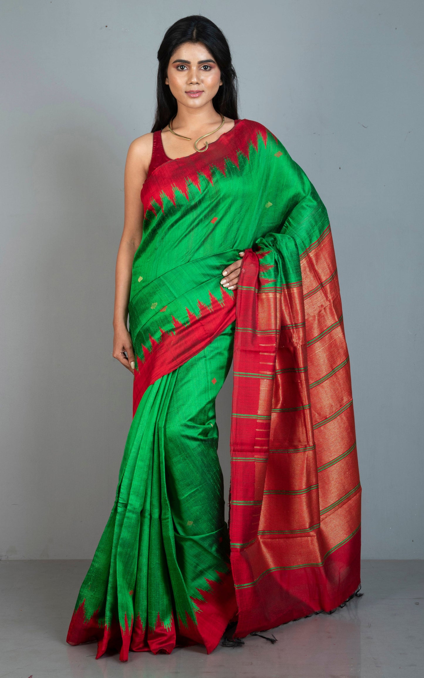 Handwoven Tussar Raw Silk Saree in Kelly Green and Bright Red with Rich Pallu