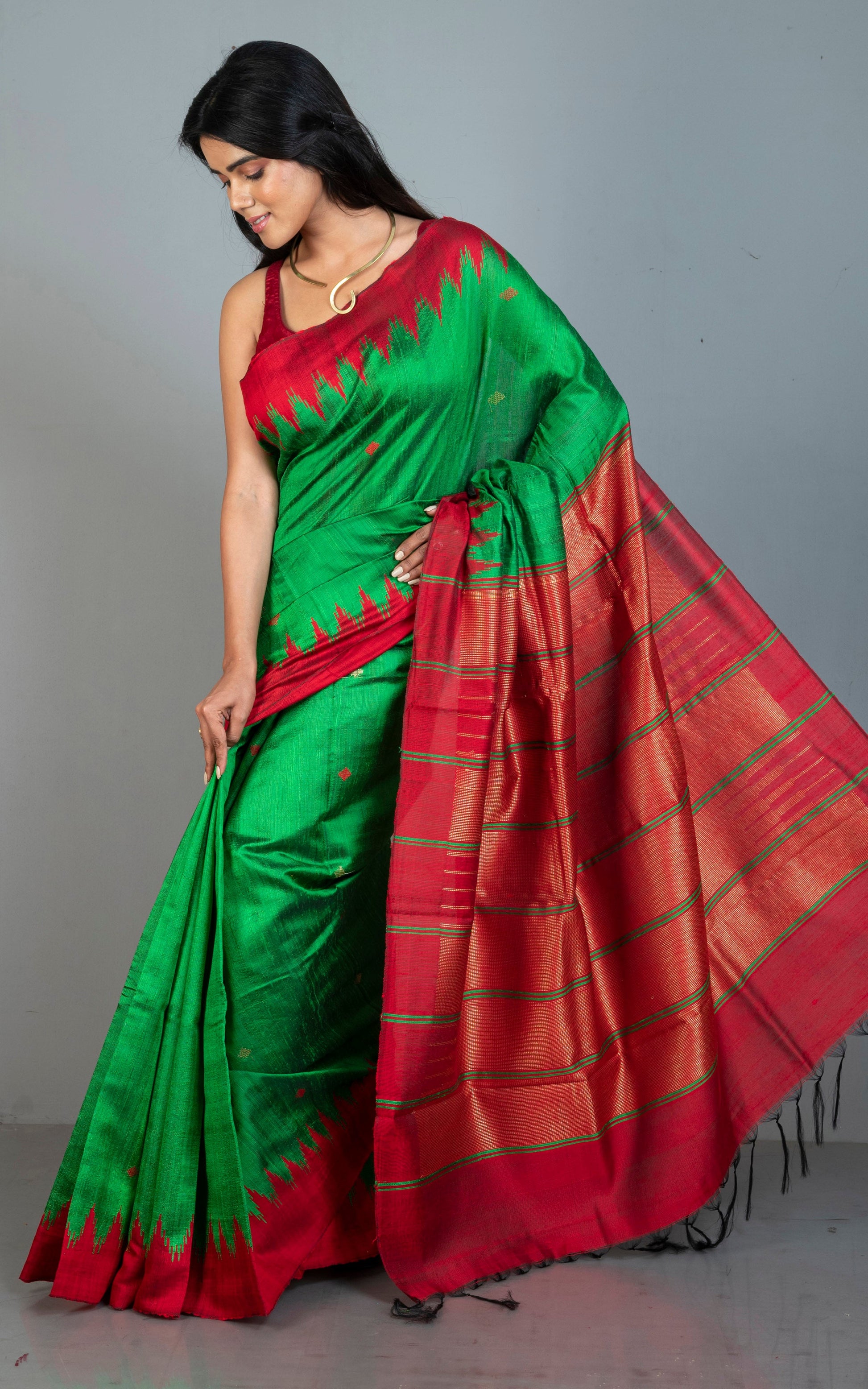 Handwoven Tussar Raw Silk Saree in Kelly Green and Bright Red with Rich Pallu