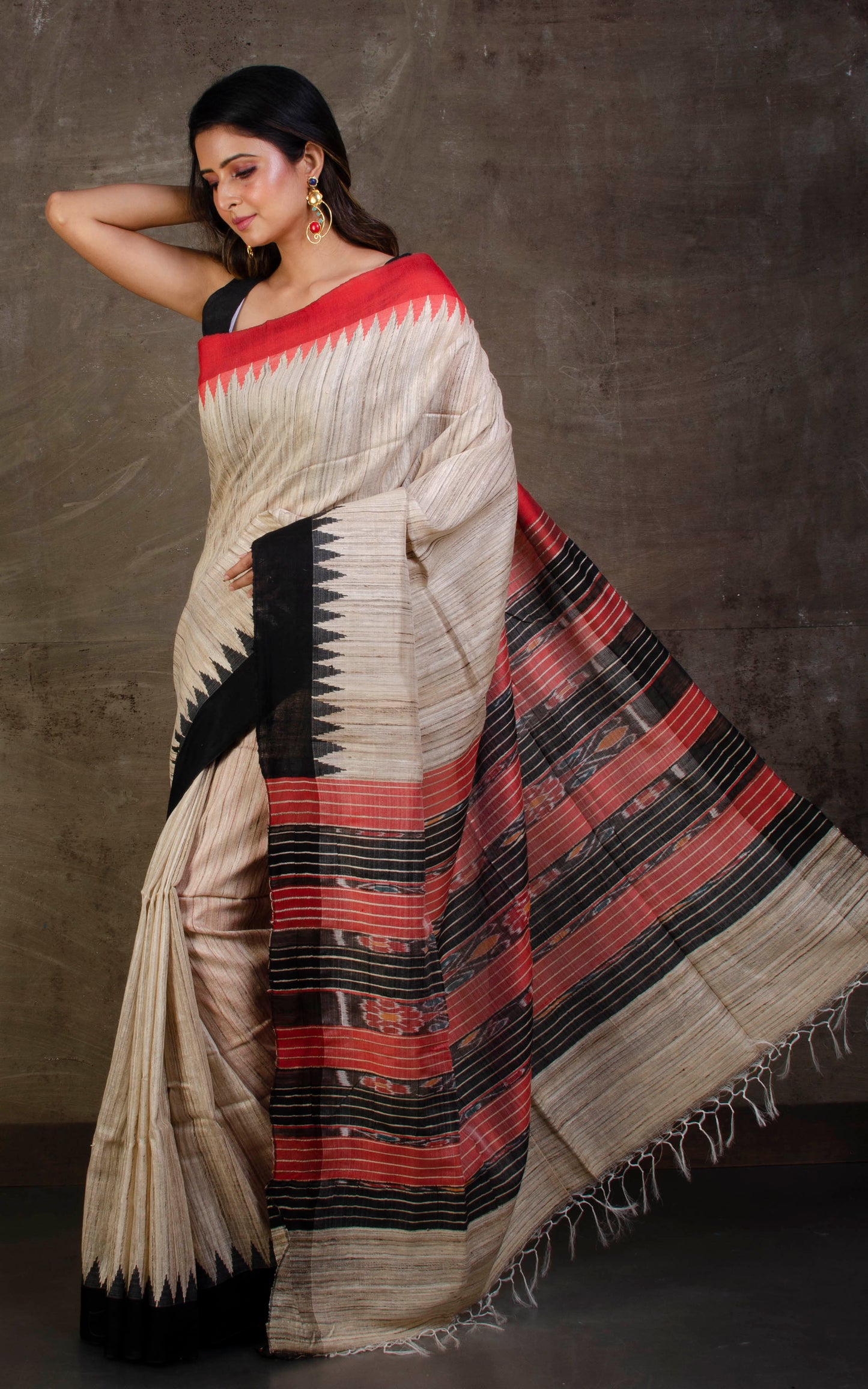 Handwoven Ganga Jamuna Border Tussar Silk Saree in Beige, Black and Red