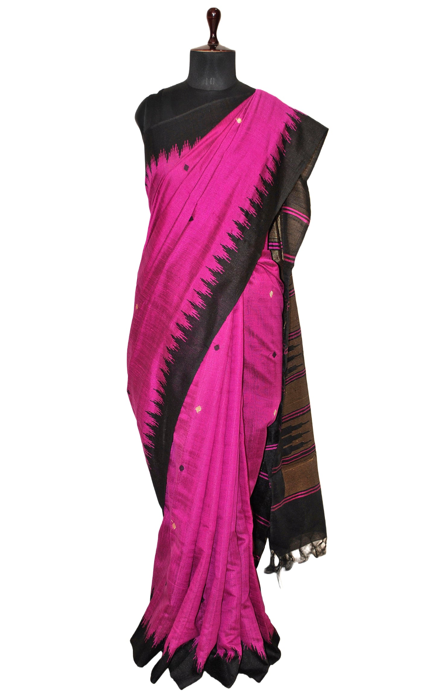 Handwoven Tussar Raw Silk Saree in Hot Pink and Black with Rich Pallu