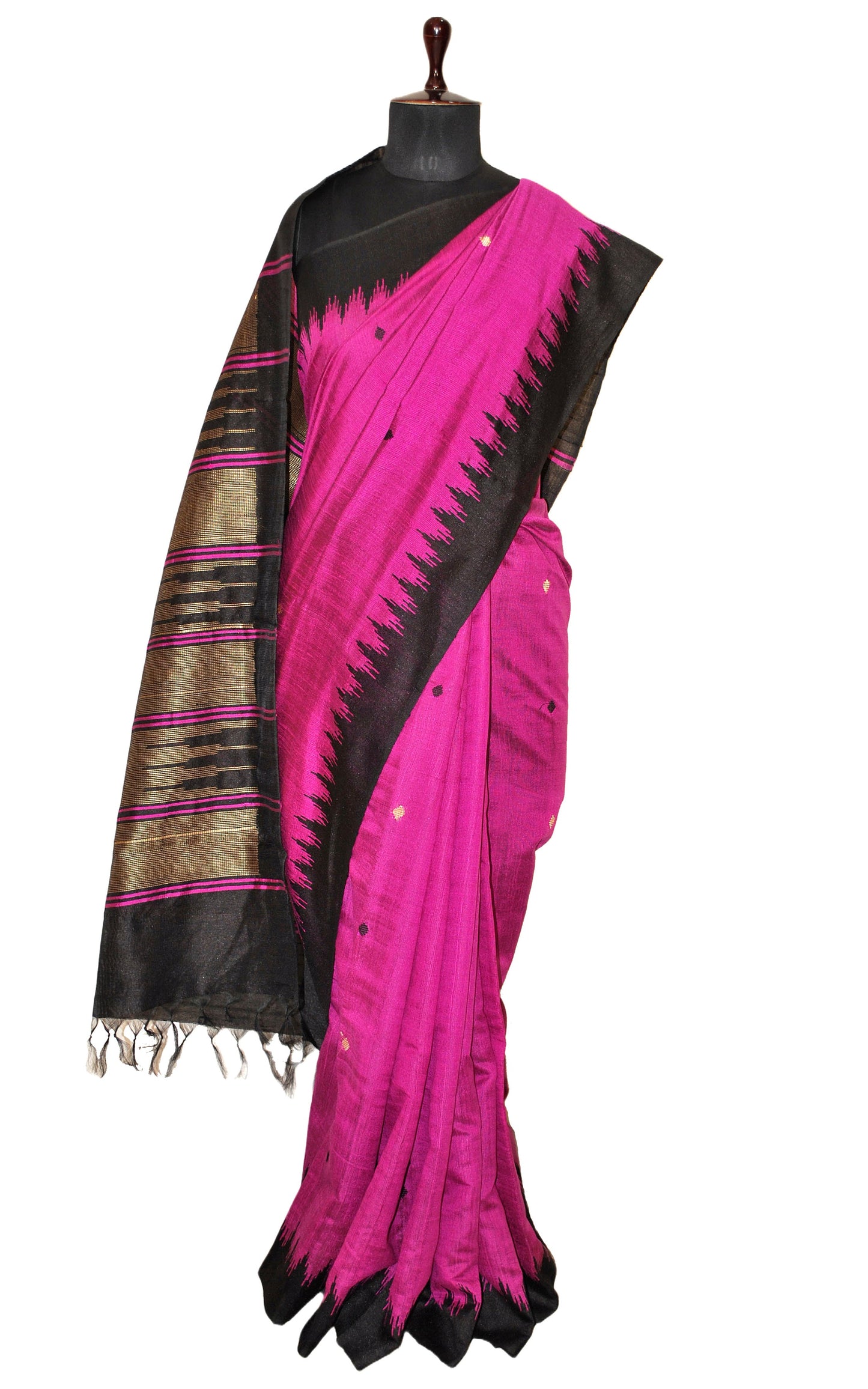 Handwoven Tussar Raw Silk Saree in Hot Pink and Black with Rich Pallu