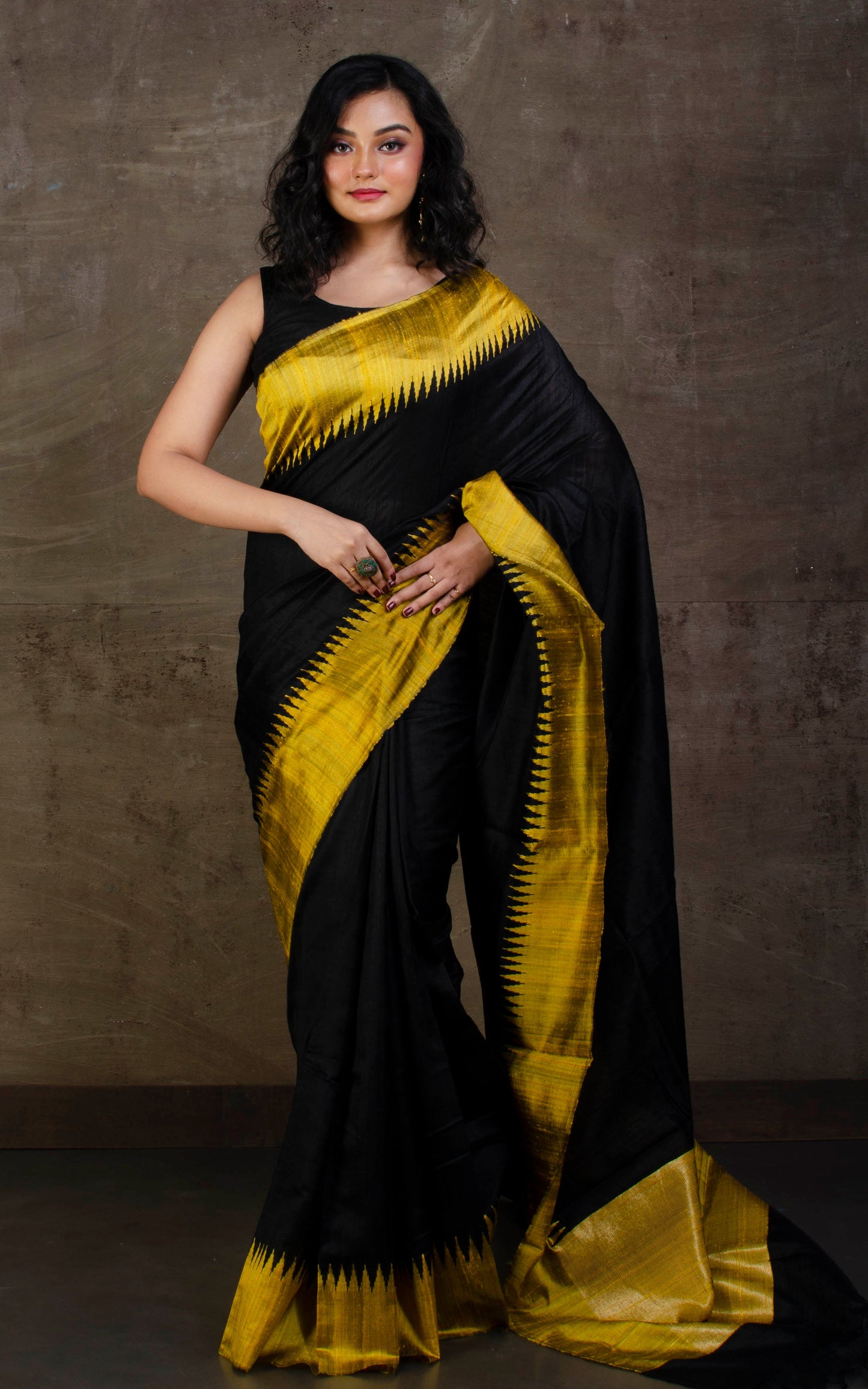 Handwoven Tussar Raw Silk Saree in Black and Golden Yellow with Rich Pallu