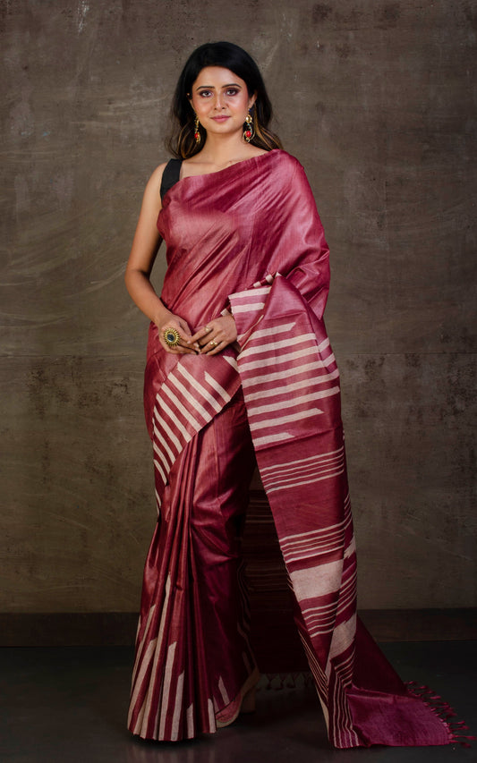 Handwoven Kosa Tussar Silk Saree in Boysenberry and Beige