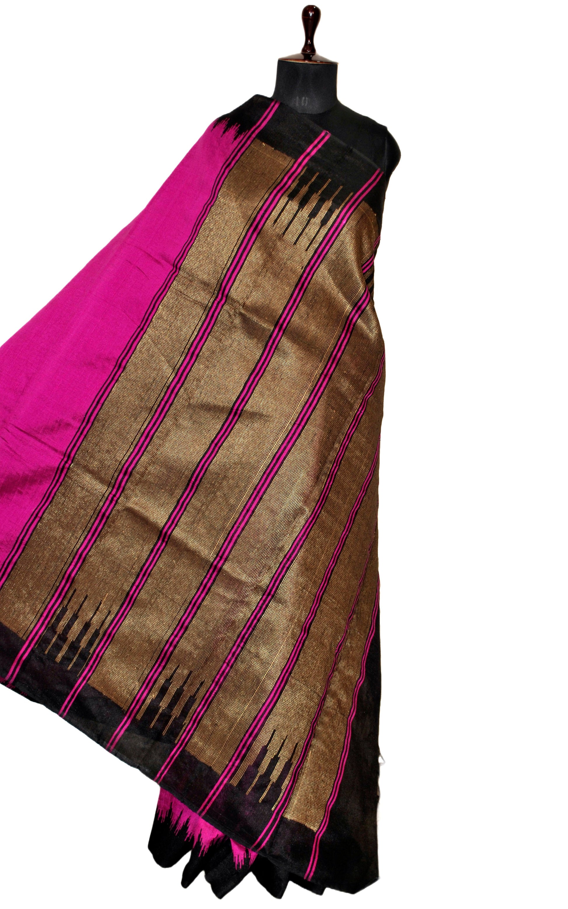 Handwoven Tussar Raw Silk Saree in Hot Pink and Black with Rich Pallu