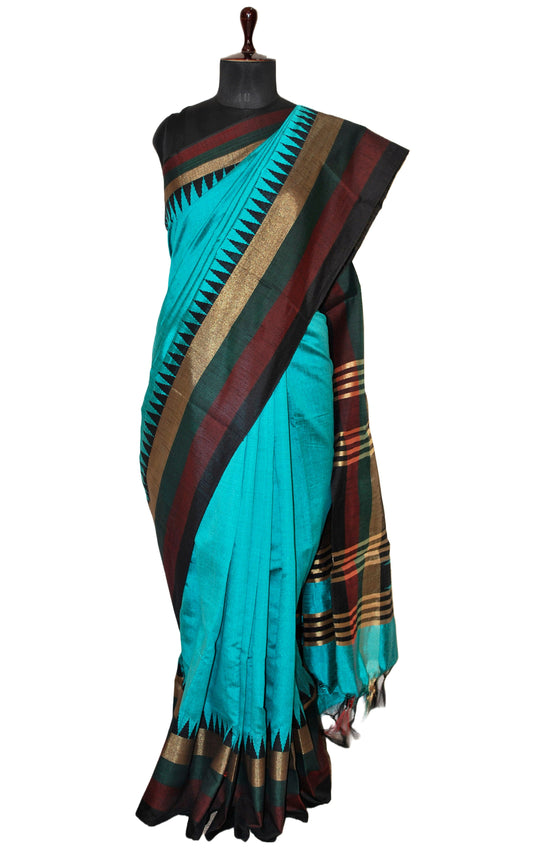 Metro Temple Border Handwoven Tussar Raw Silk Saree in Tiffany Blue, Garnet, Dark Green, Black and Matt Gold with Rich Pallu