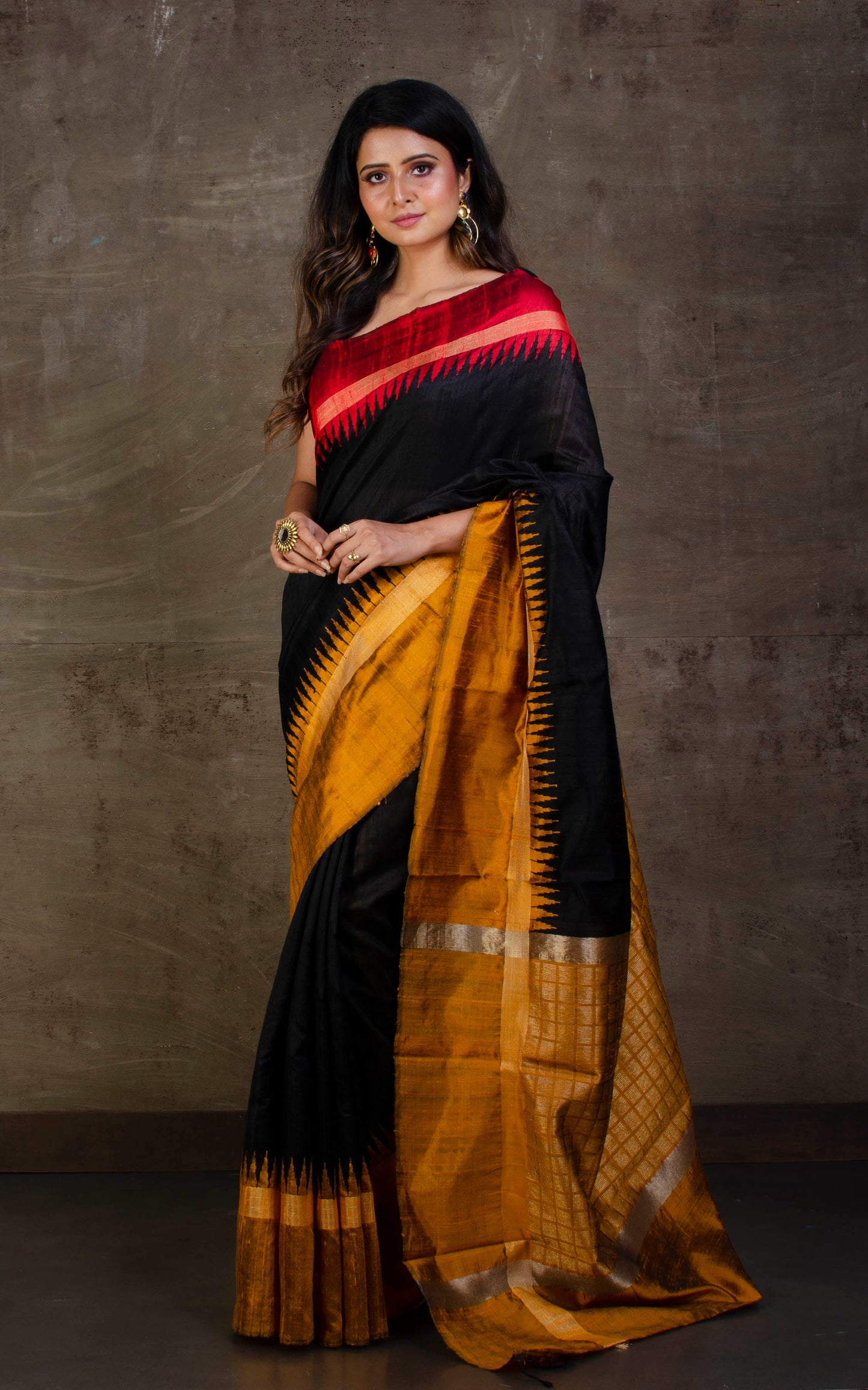 Handwoven Tussar Raw Silk Saree in Black, Red and Mustard Golden with Rich Pallu