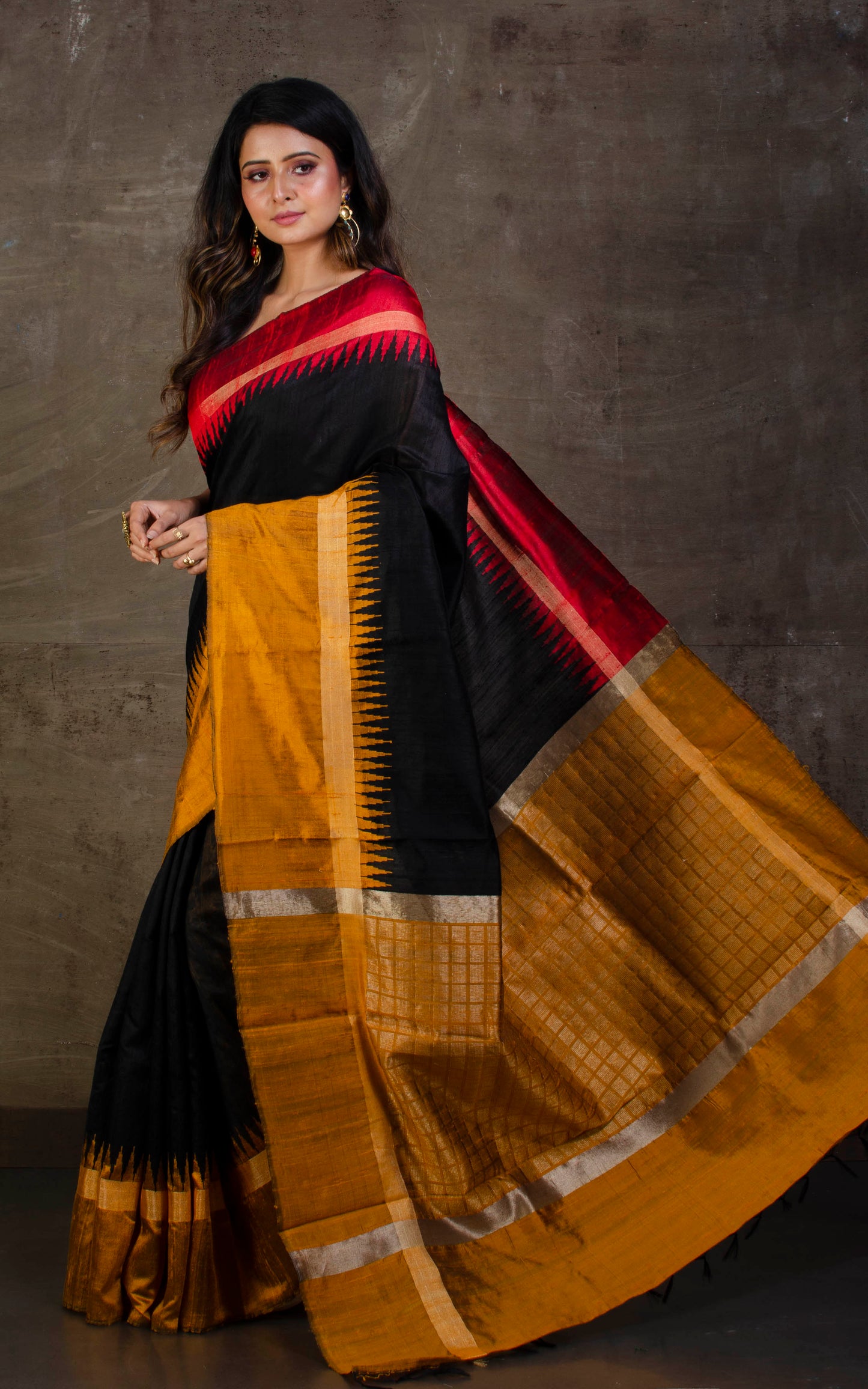 Handwoven Tussar Raw Silk Saree in Black, Red and Mustard Golden with Rich Pallu