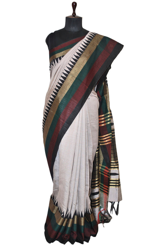 Metro Temple Border Handwoven Tussar Raw Silk Saree in Pale Smoke White, Garnet, Bottle Green, Black and Matt Gold with Rich Pallu