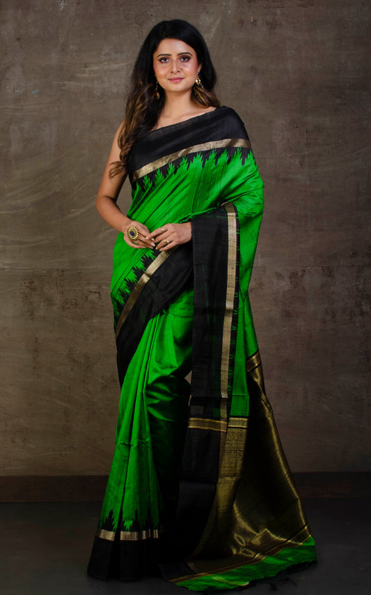 Handwoven Tussar Raw Silk Saree in Natural Green and Black with Rich Pallu