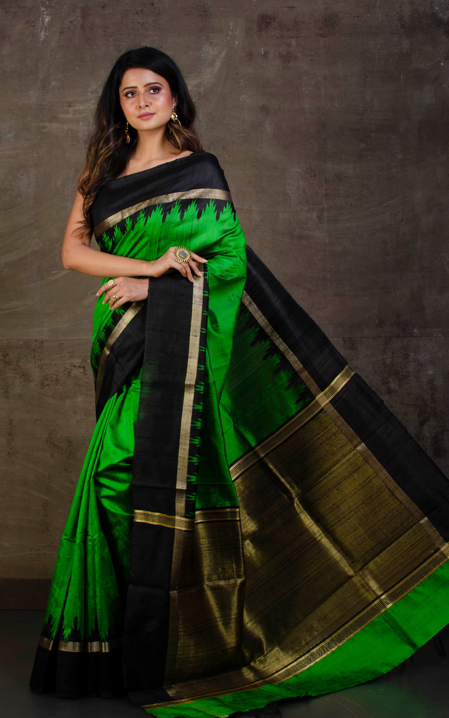 Handwoven Tussar Raw Silk Saree in Natural Green and Black with Rich Pallu