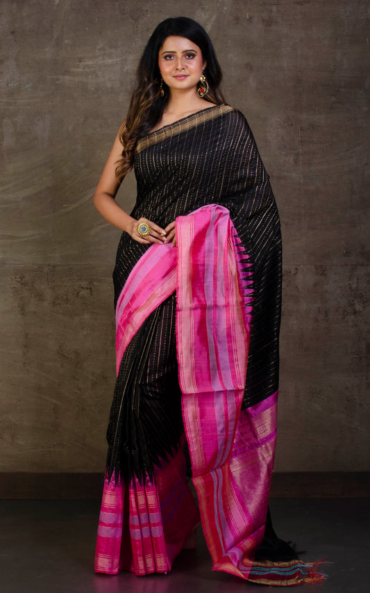 Handwoven Tussar Raw Silk Saree in Black, Pink and Purple