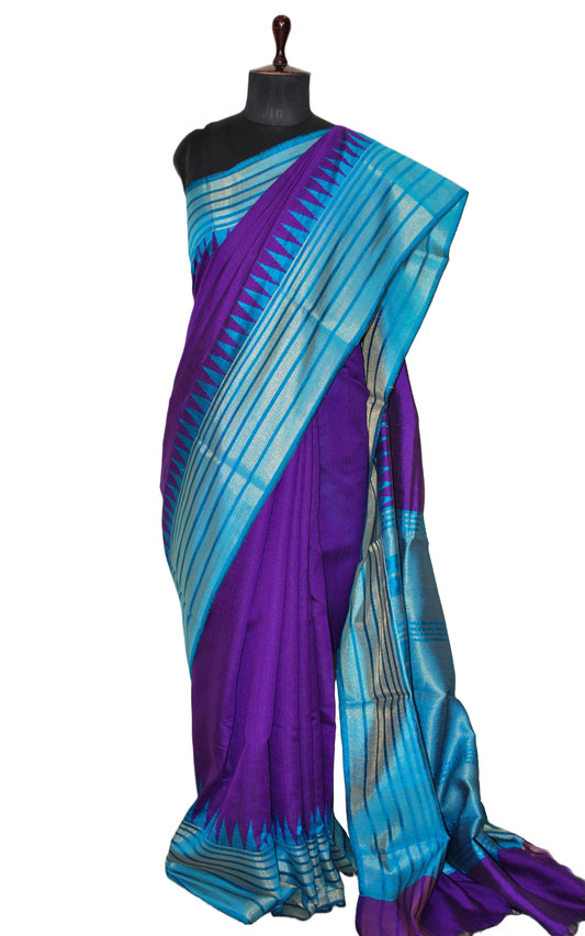 Metro Stripe Temple Border Handwoven Tussar Raw Silk Saree in Munsell Purple, Cyan Blue and Matt Gold with Rich Pallu