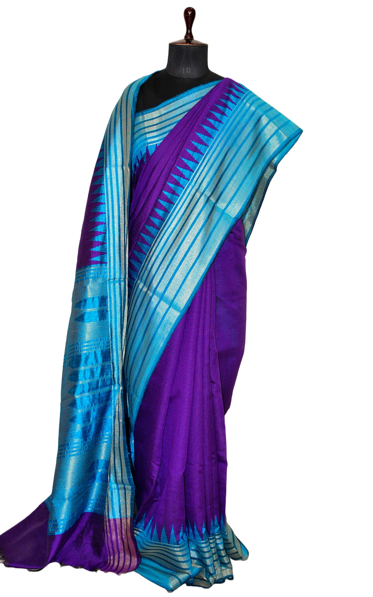 Metro Stripe Temple Border Handwoven Tussar Raw Silk Saree in Munsell Purple, Cyan Blue and Matt Gold with Rich Pallu