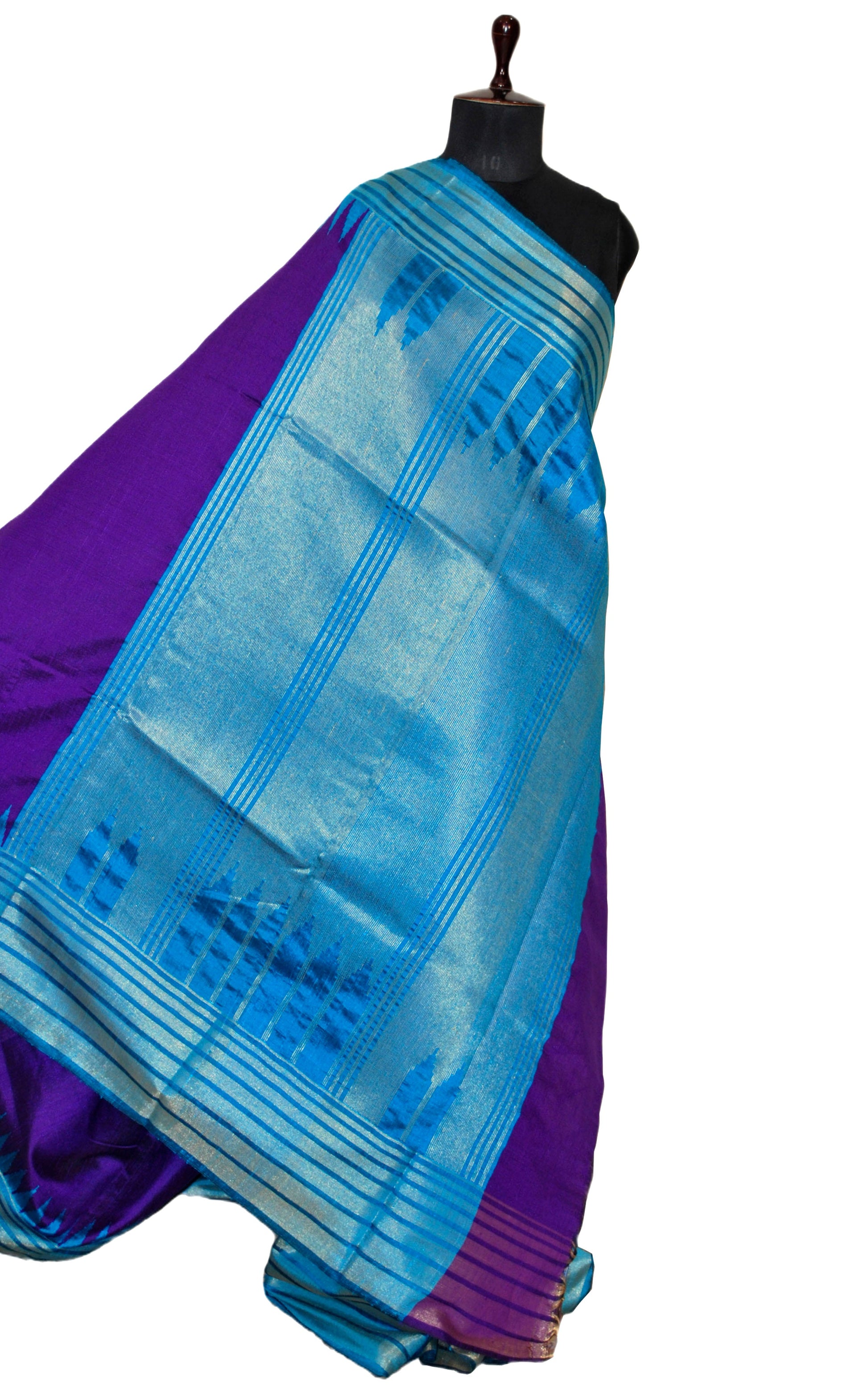 Metro Stripe Temple Border Handwoven Tussar Raw Silk Saree in Munsell Purple, Cyan Blue and Matt Gold with Rich Pallu