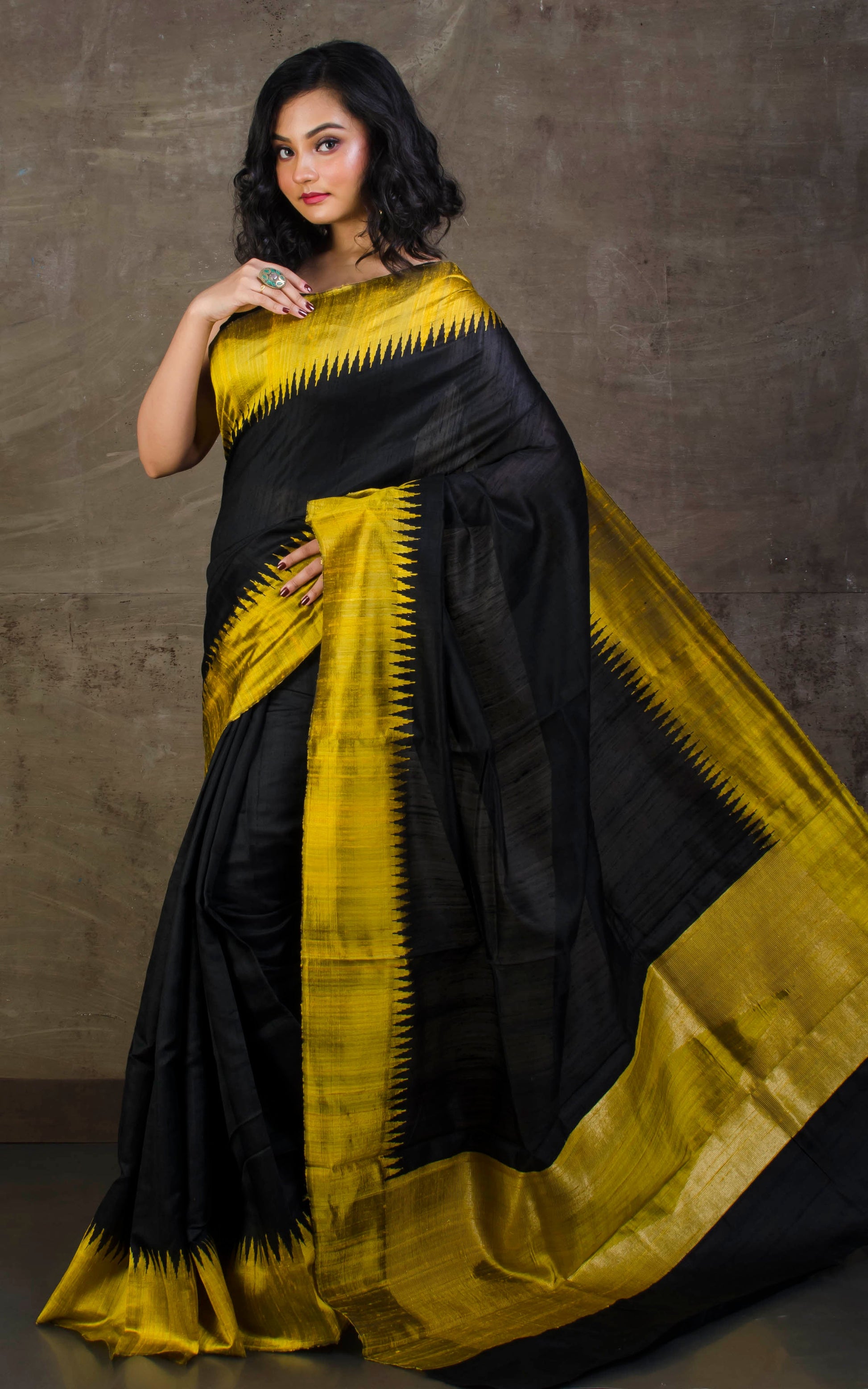 Handwoven Tussar Raw Silk Saree in Black and Golden Yellow with Rich Pallu