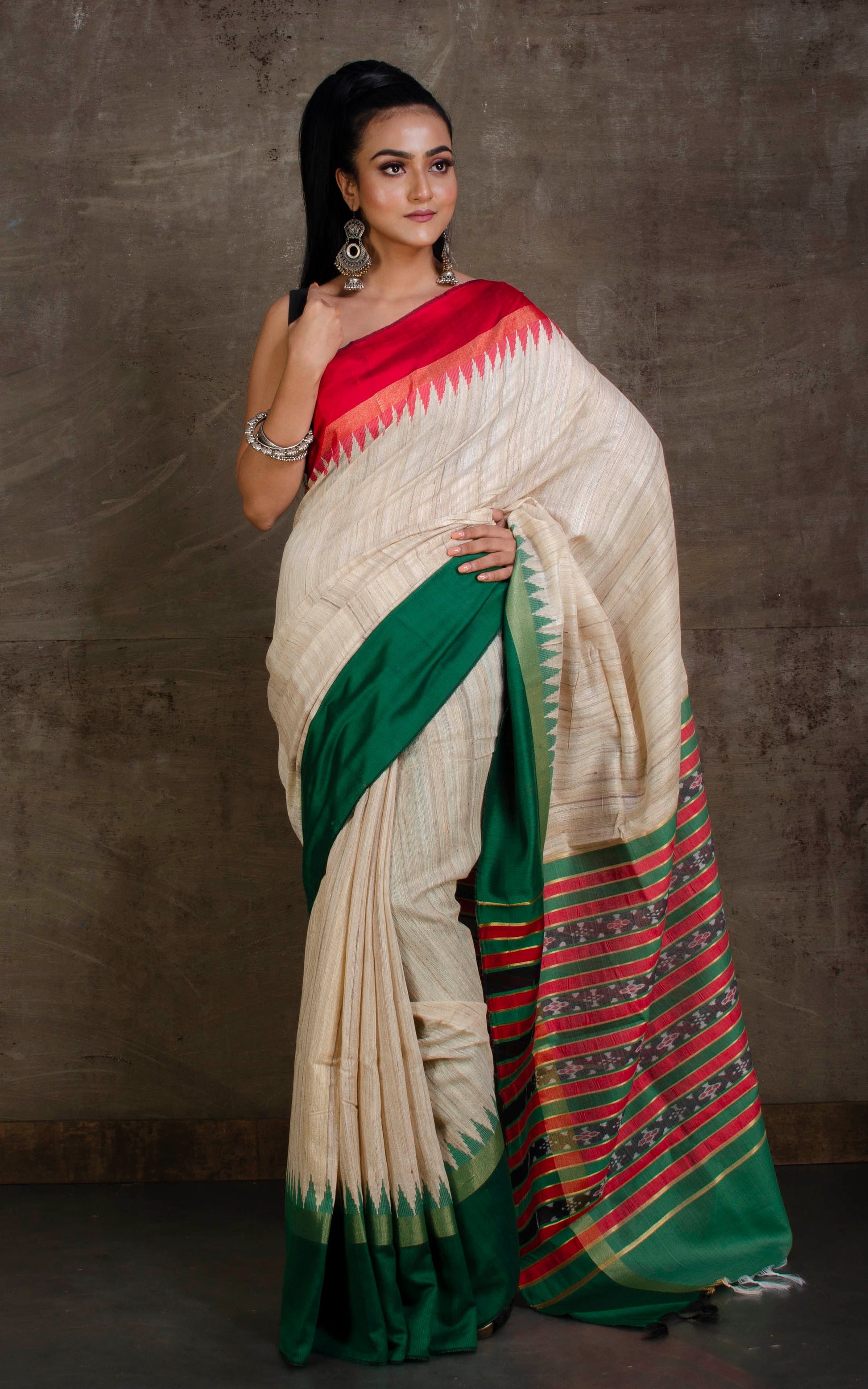 Handwoven Ganga Jamuna Border Tussar Silk Saree in Beige, Red and Dark Green