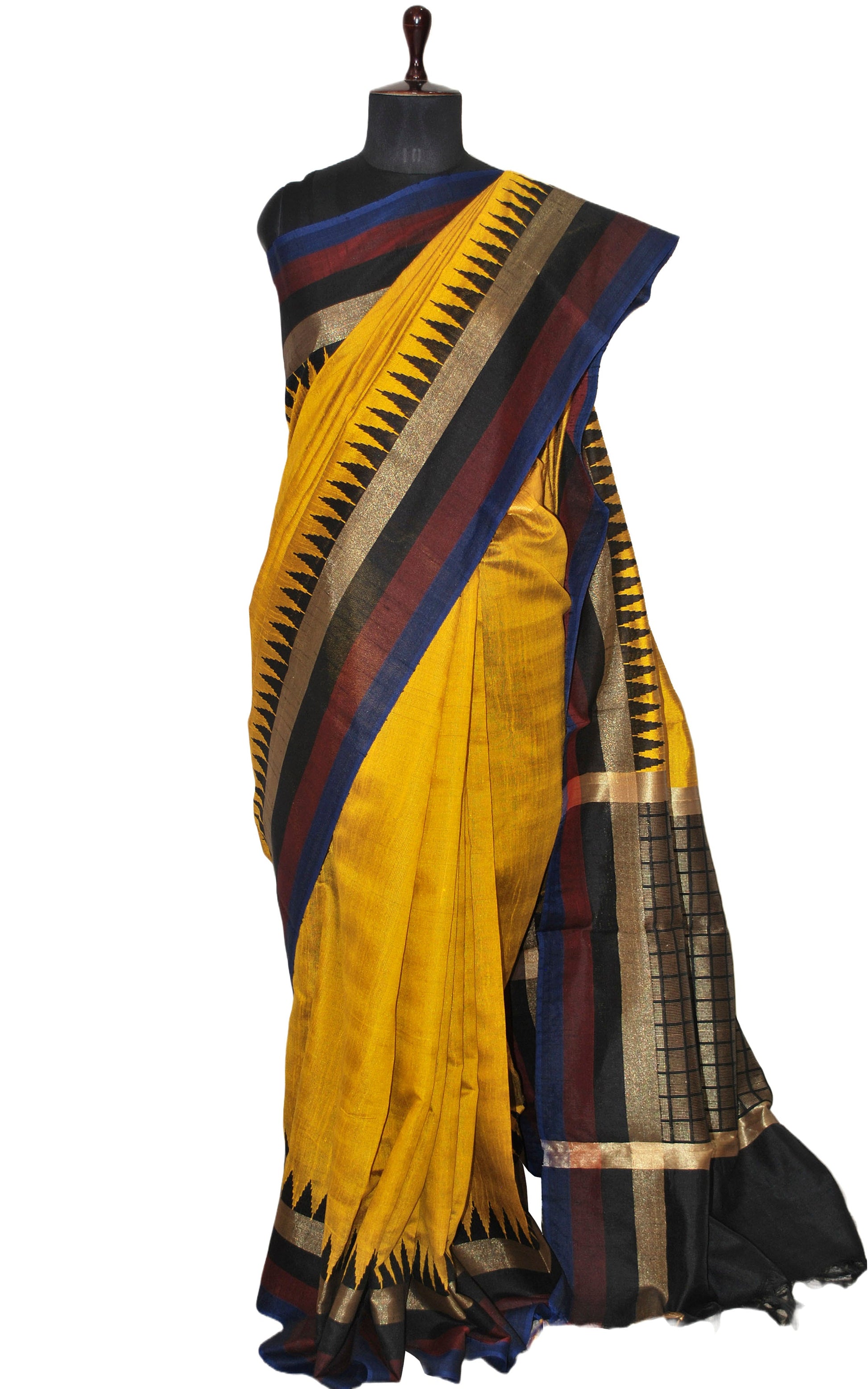 Metro Temple Border Handwoven Tussar Raw Silk Saree in Cyber Yellow, Prussian Blue, Garnet, Black and Matt Gold with Rich Pallu