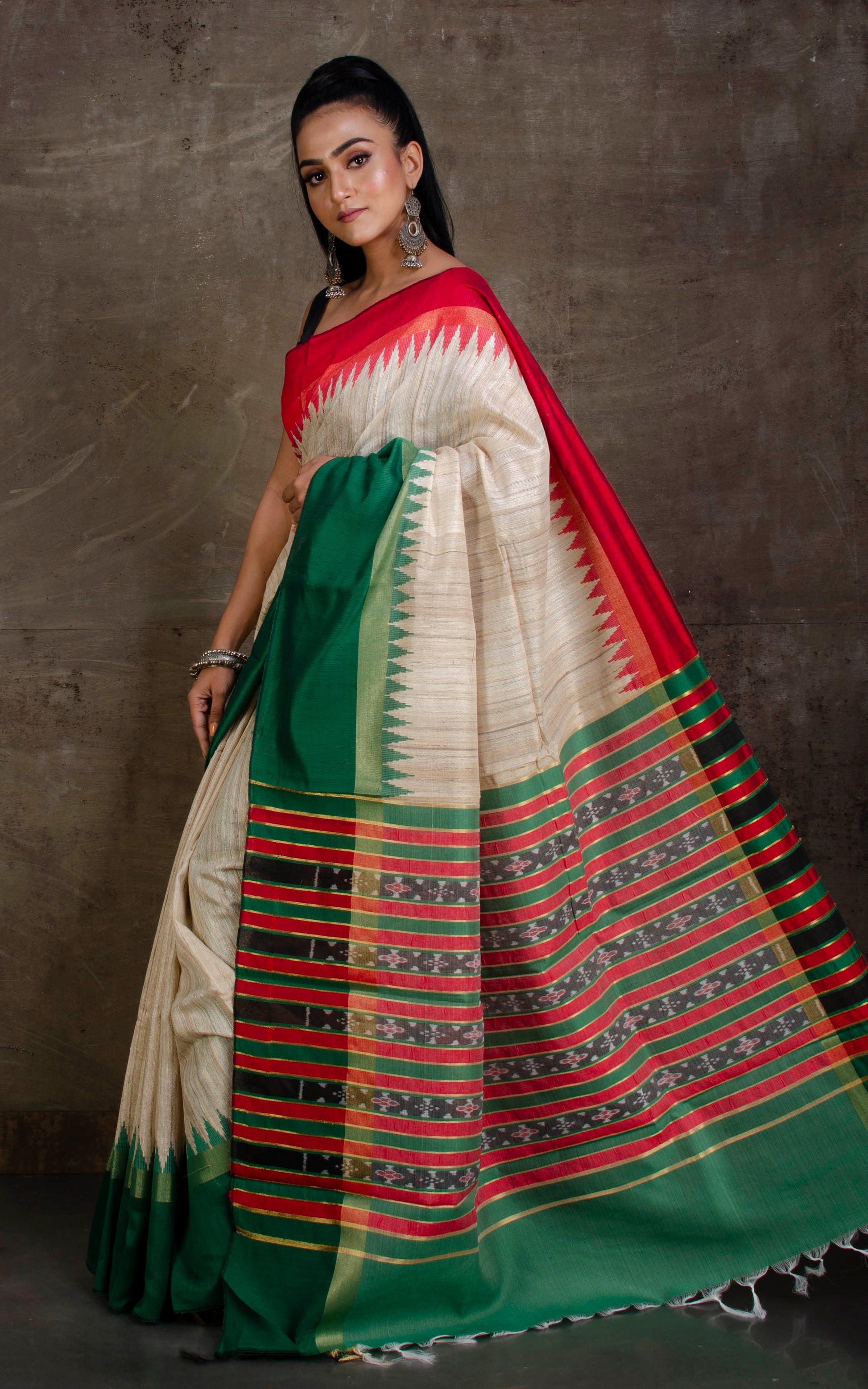 Handwoven Ganga Jamuna Border Tussar Silk Saree in Beige, Red and Dark Green