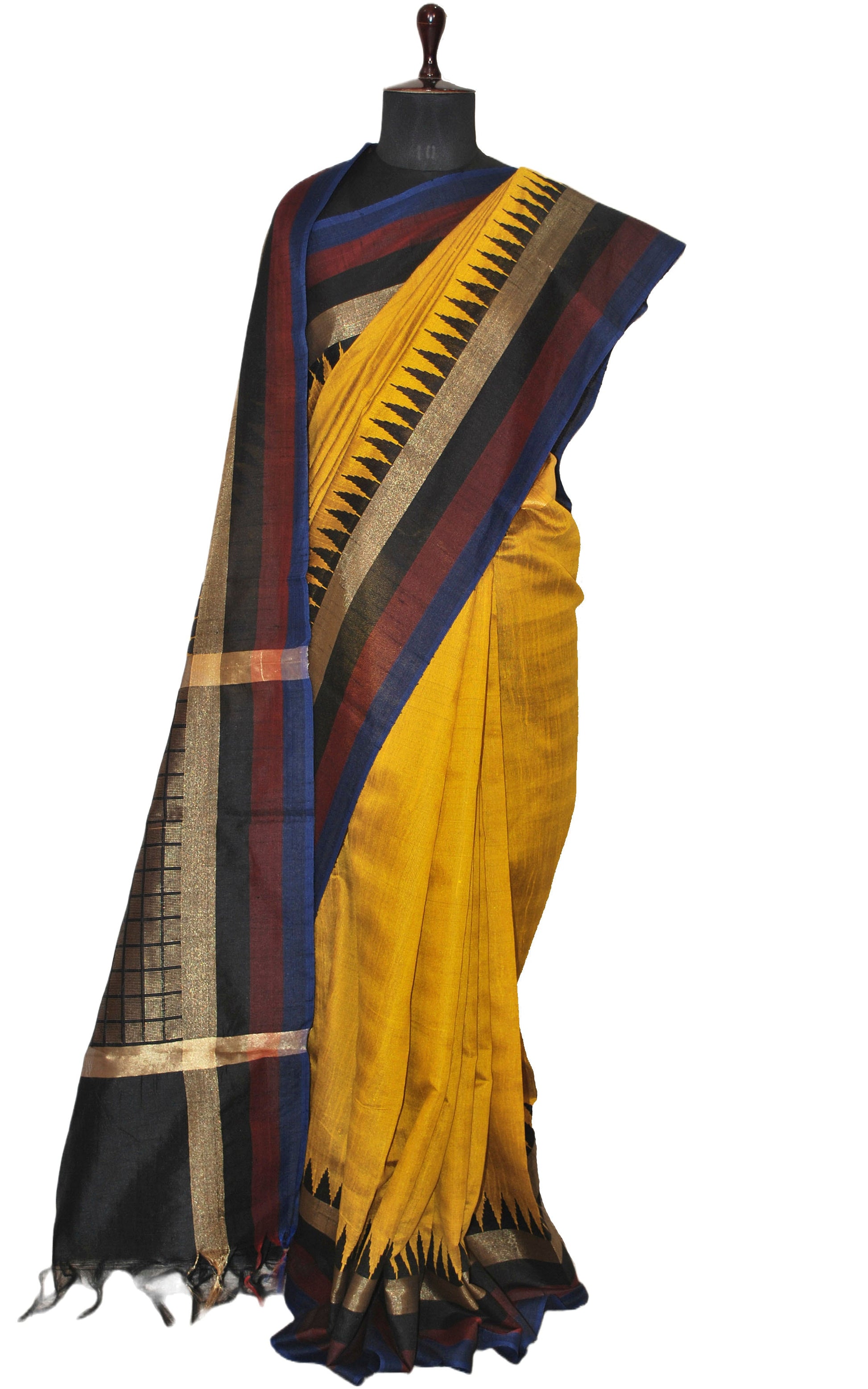 Metro Temple Border Handwoven Tussar Raw Silk Saree in Cyber Yellow, Prussian Blue, Garnet, Black and Matt Gold with Rich Pallu