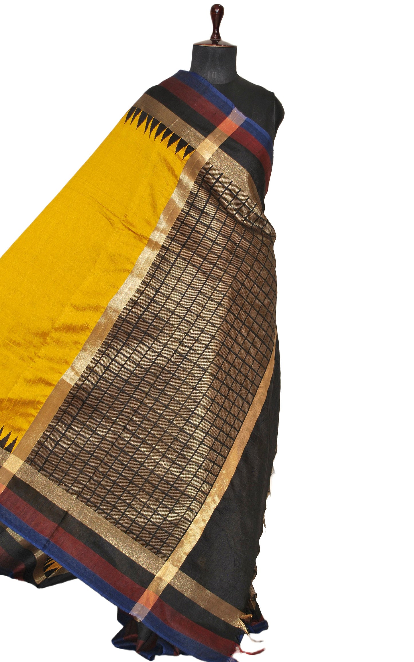 Metro Temple Border Handwoven Tussar Raw Silk Saree in Cyber Yellow, Prussian Blue, Garnet, Black and Matt Gold with Rich Pallu