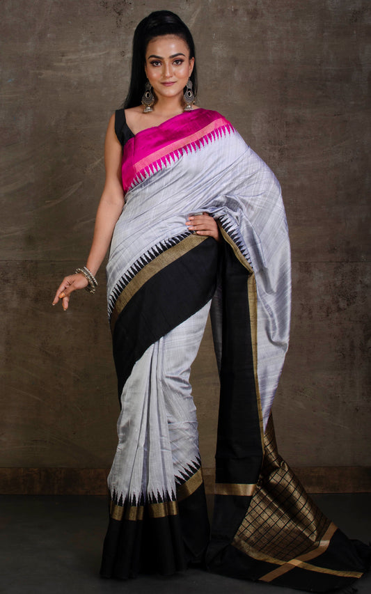 Handwoven Tussar Raw Silk Saree in Grey, Magenta and Black with Rich Pallu