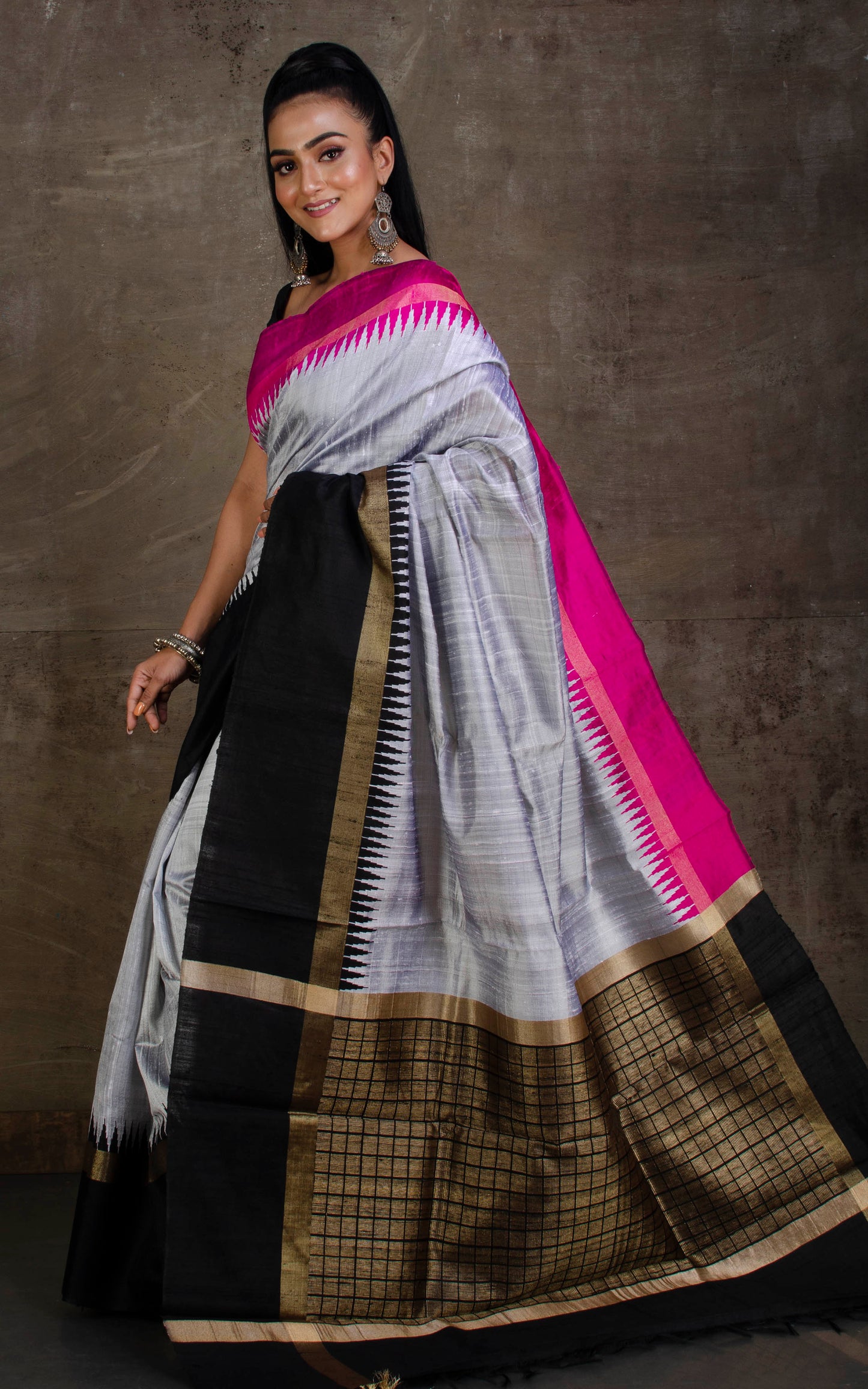 Handwoven Tussar Raw Silk Saree in Grey, Magenta and Black with Rich Pallu