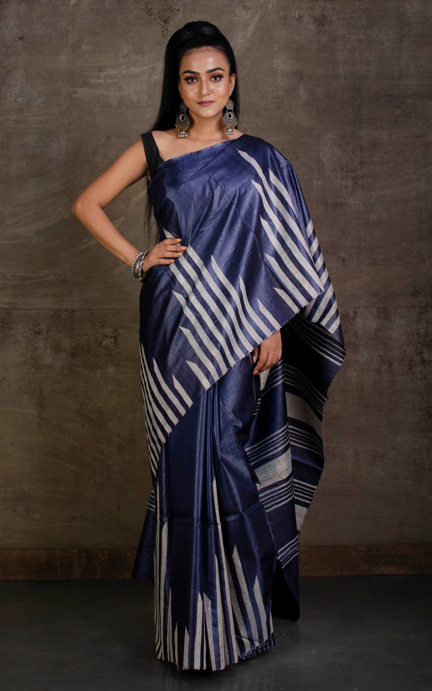 Handwoven Kosa Tussar Silk Saree in Slate Grey and Beige