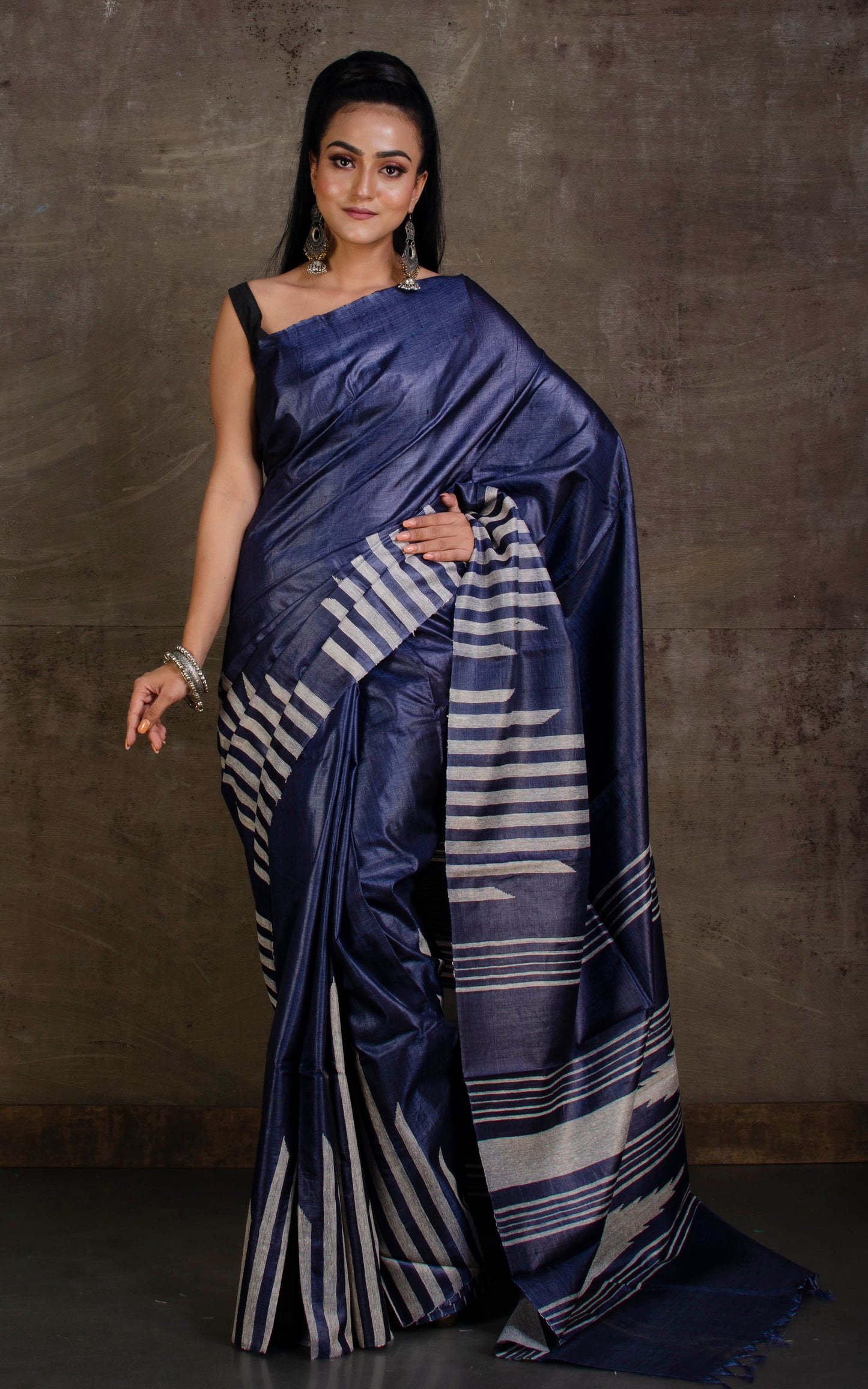 Handwoven Kosa Tussar Silk Saree in Slate Grey and Beige