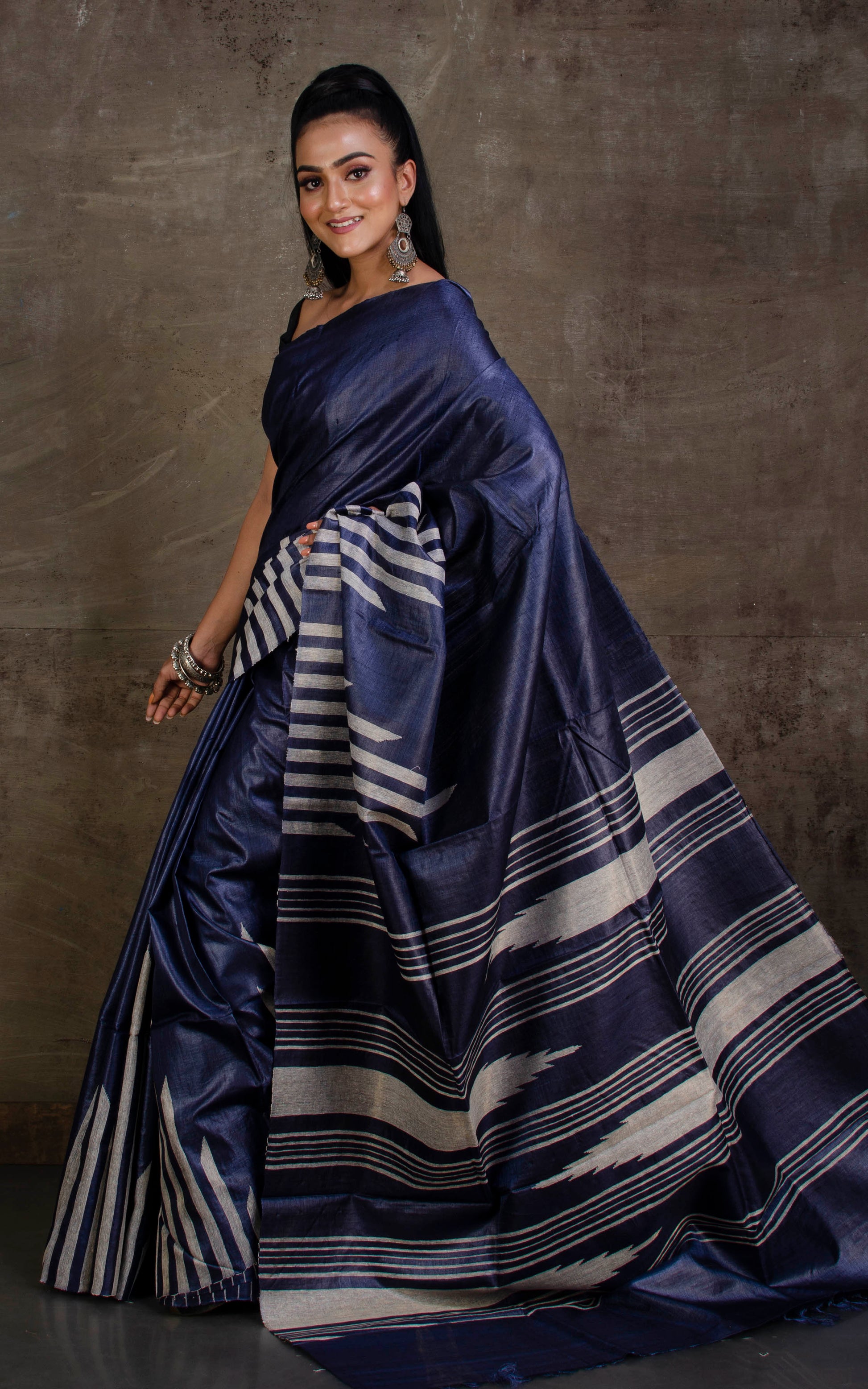 Handwoven Kosa Tussar Silk Saree in Slate Grey and Beige