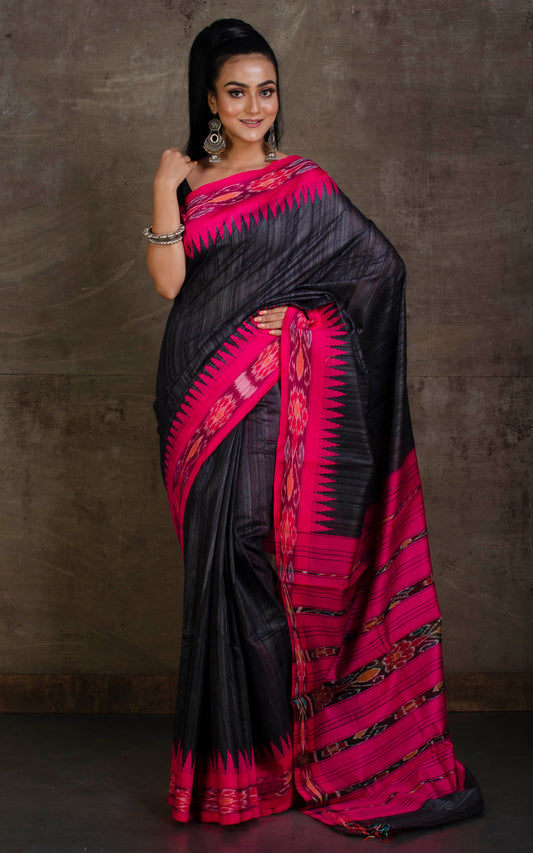 Tussar Sambalpuri Work Kotki Silk Saree in Dark Grey and Hot Pink