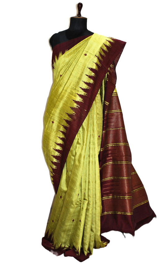 Handwoven Tussar Raw Silk Saree in Titanium Yellow and Garnet with Rich Pallu