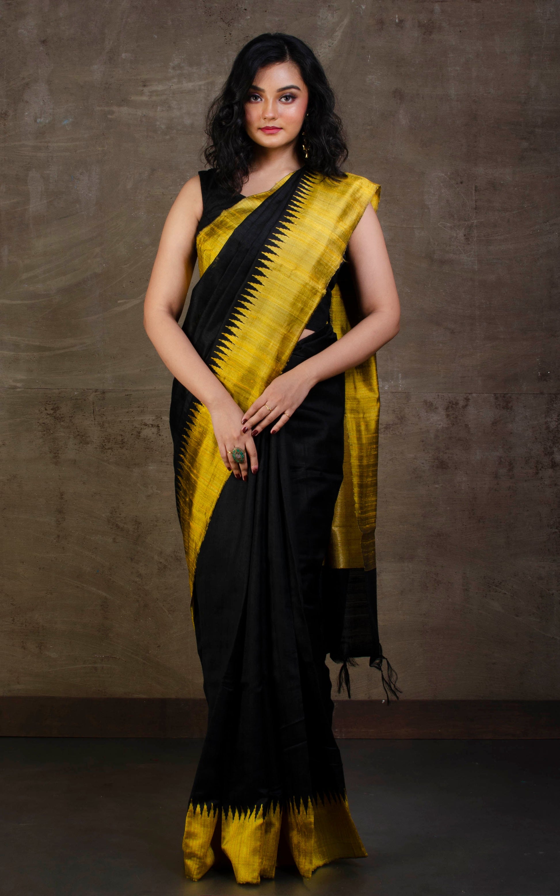 Handwoven Tussar Raw Silk Saree in Black and Golden Yellow with Rich Pallu