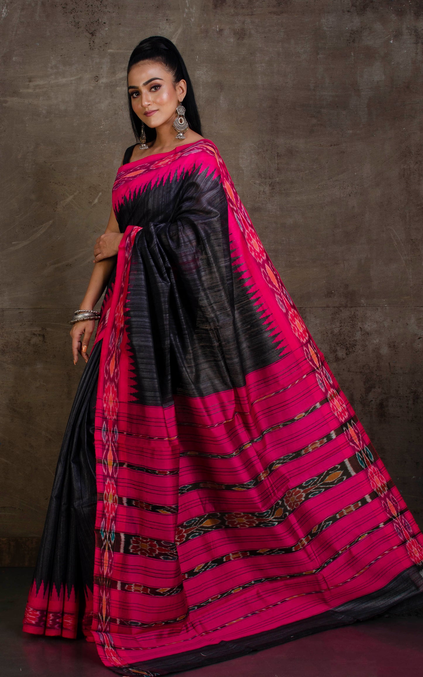 Tussar Sambalpuri Work Kotki Silk Saree in Dark Grey and Hot Pink