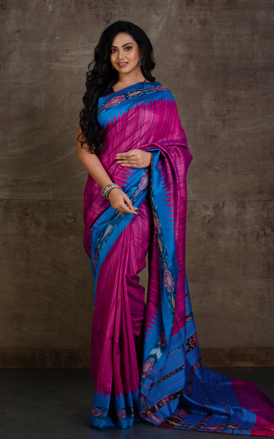 Tussar Sambalpuri Work Kotki Silk Saree in Red Violet and French Blue