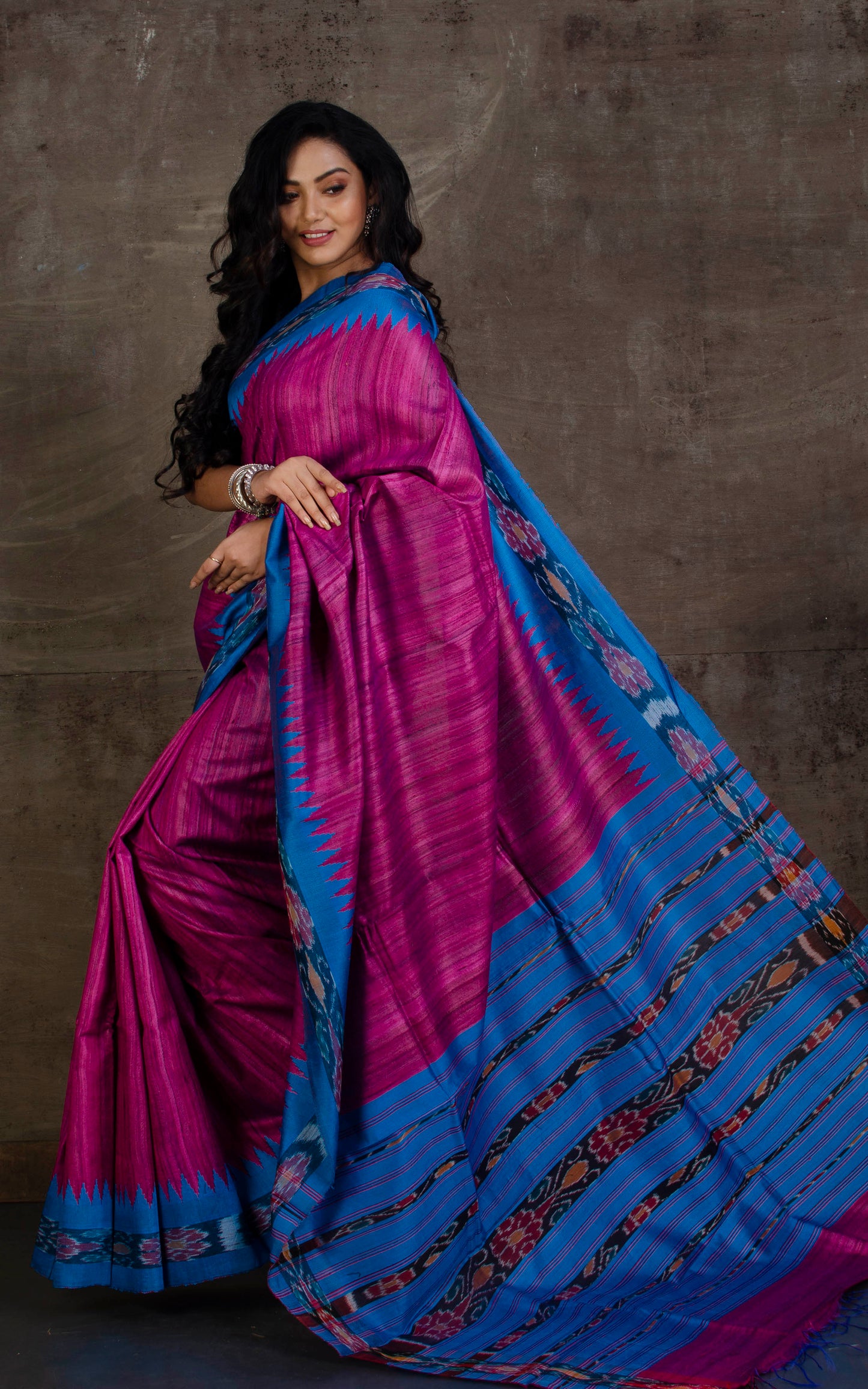 Tussar Sambalpuri Work Kotki Silk Saree in Red Violet and French Blue