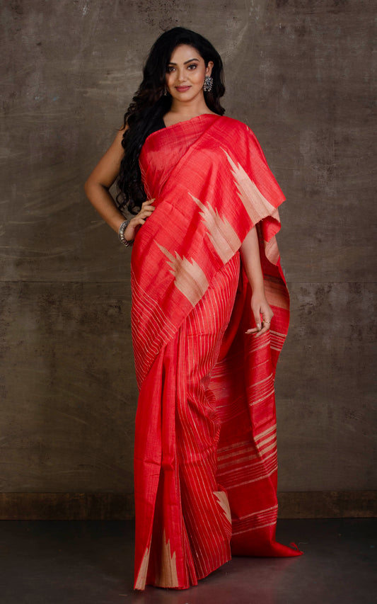 Handwoven Kosa Tussar Silk Saree in Tomato Red and Beige