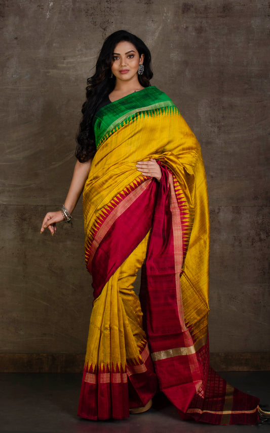 Handwoven Tussar Raw Silk Saree Tuscan Sun, Green and Maroon with Rich Pallu