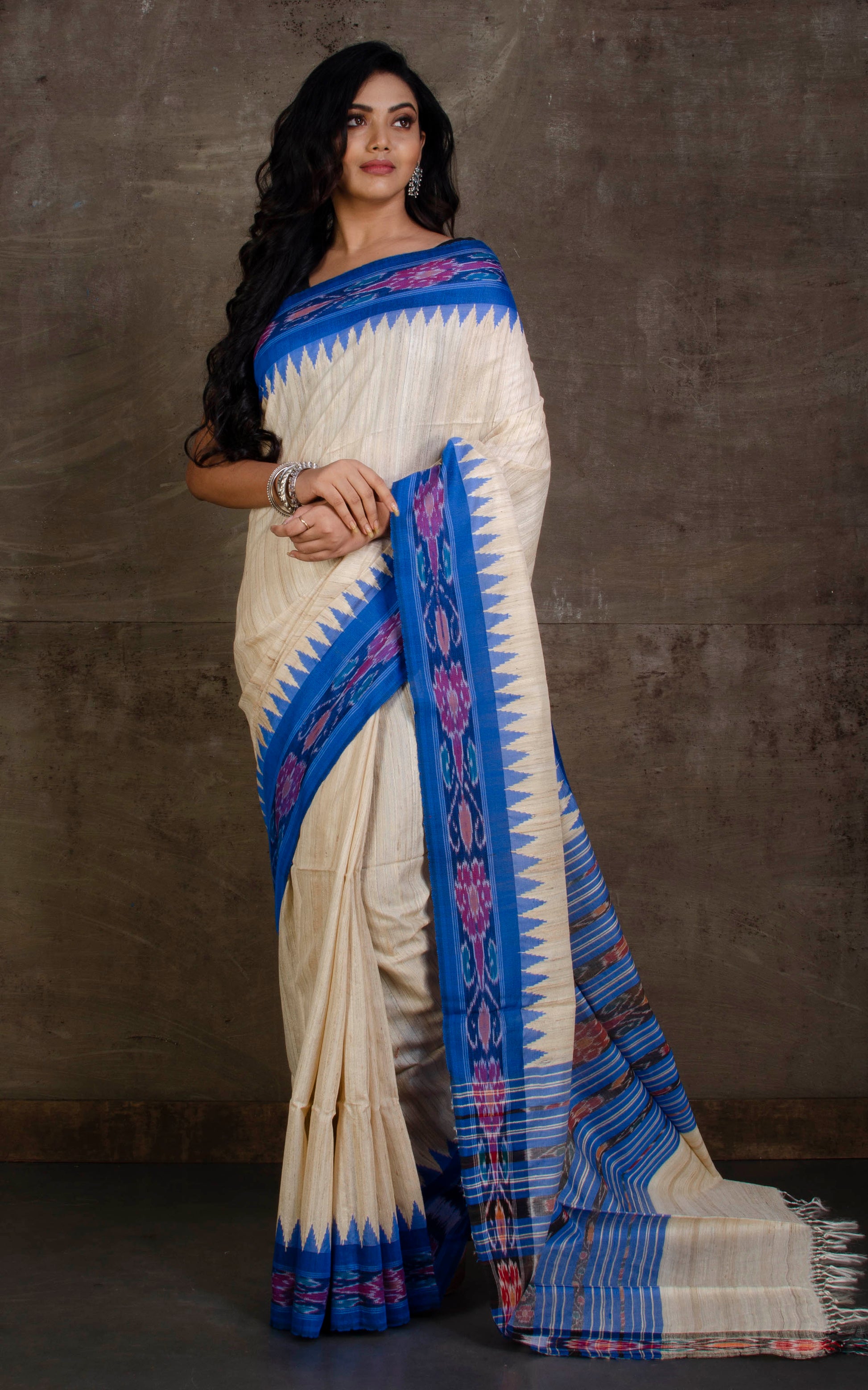 Tussar Sambalpuri Work Kotki Silk Saree in Natural Beige and Blue