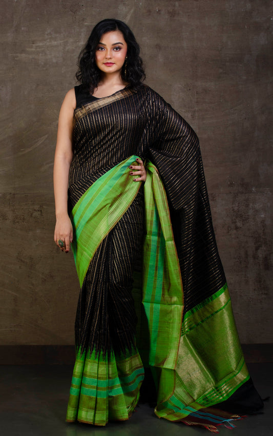 Handwoven Tussar Raw Silk Saree in Black and Paste Green