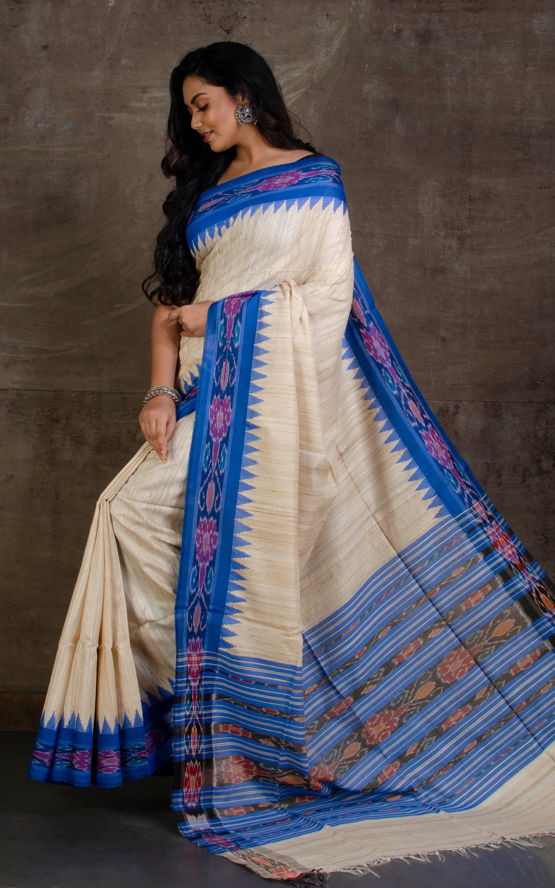Tussar Sambalpuri Work Kotki Silk Saree in Natural Beige and Blue