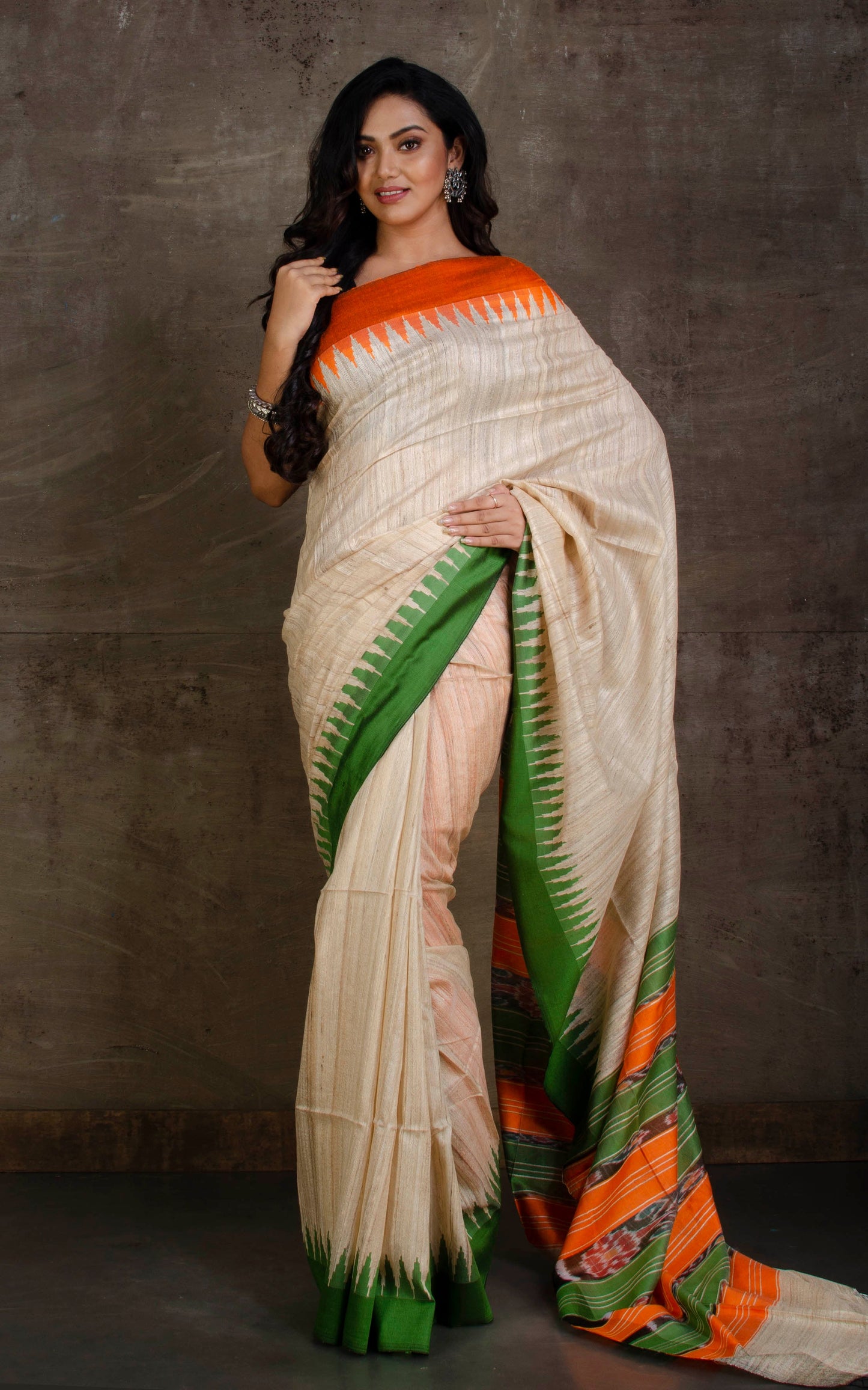 Handwoven Ganga Jamuna Border Tussar Silk Saree in Beige, Orange and Green